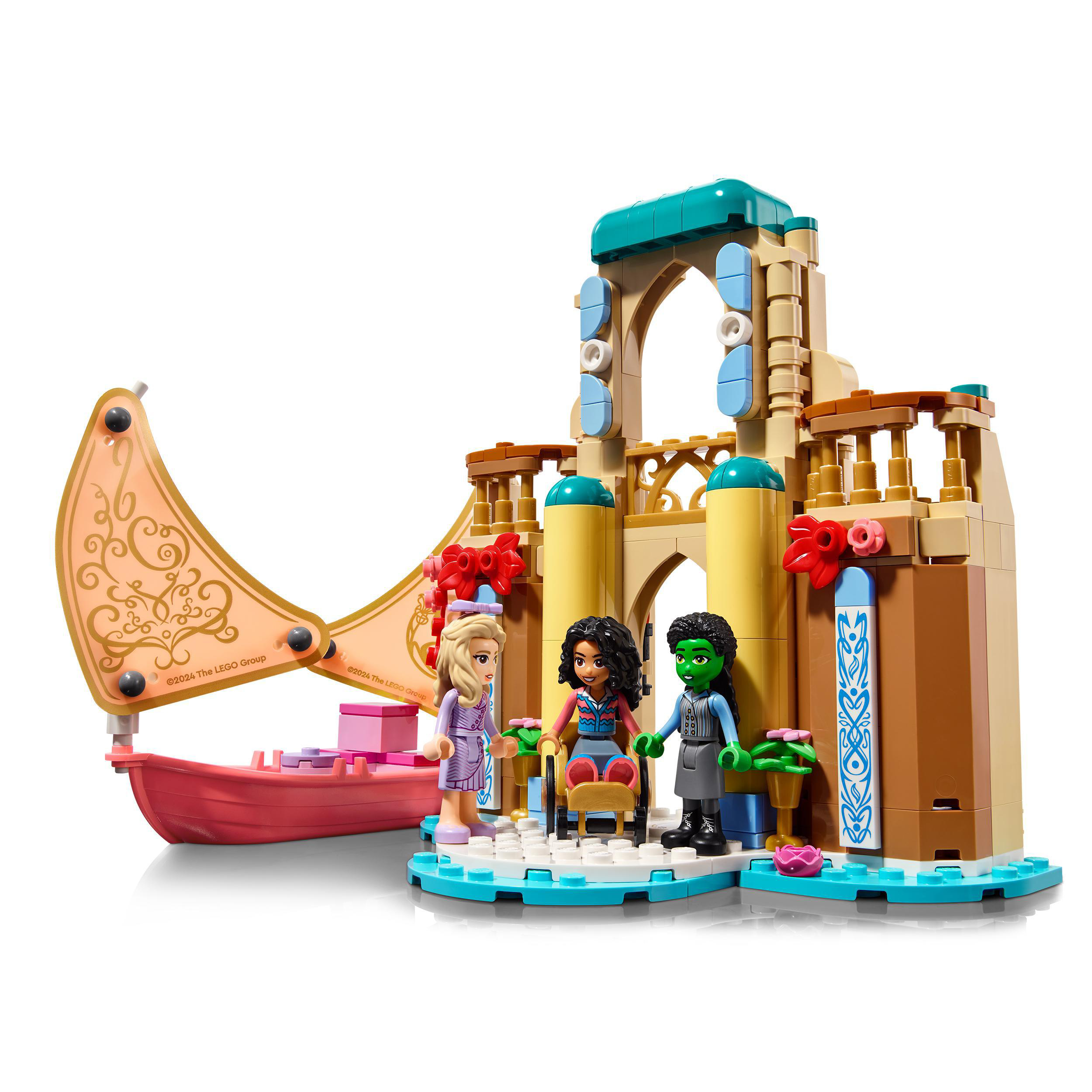 Ein Lego-Set mit drei Figuren und einem Boot, vor einem Hintergrund mit architektonischen Elementen.