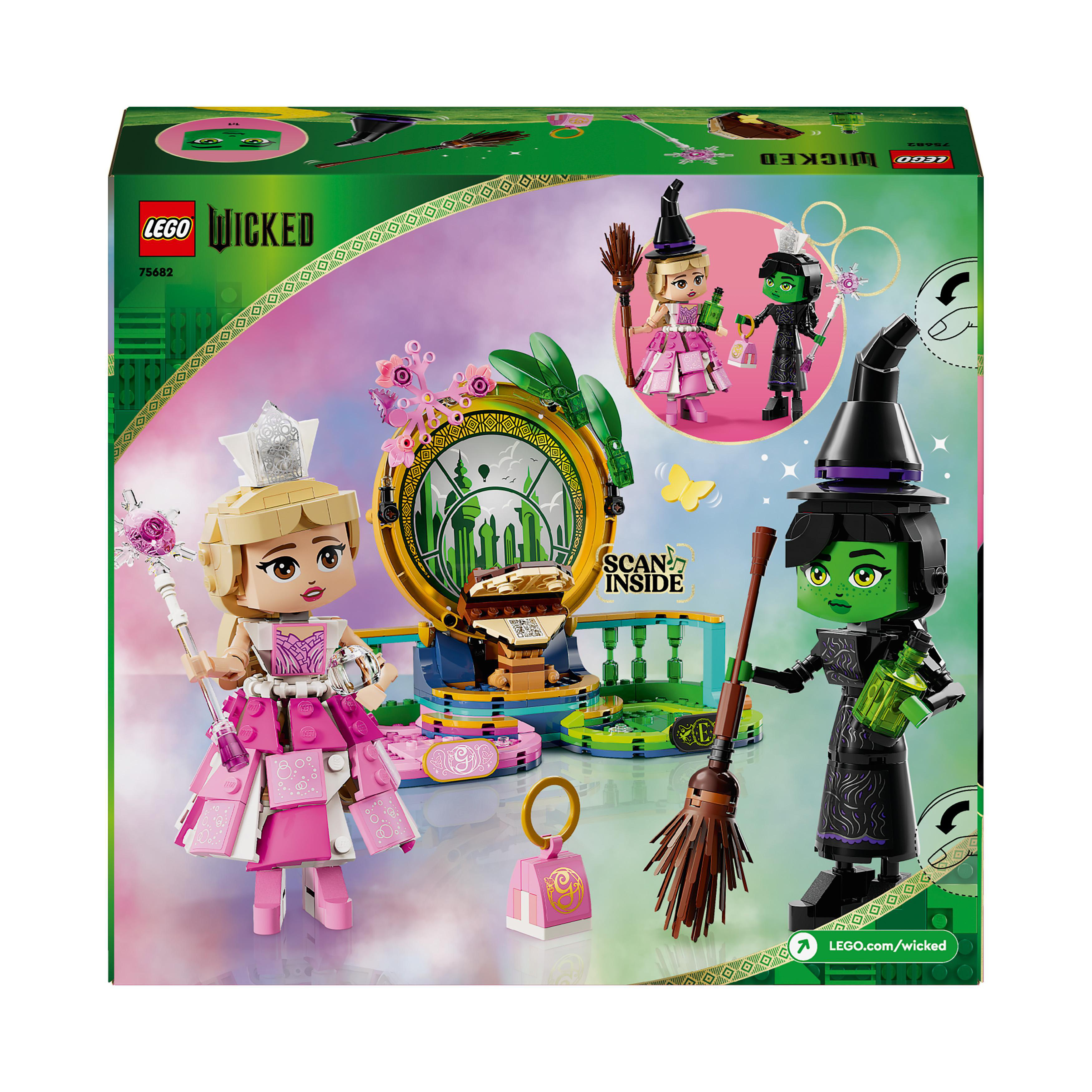 Ein Lego-Set einer Wicked-Szene. Zwei Figuren und eine Szene mit einer Uhr und einem Besen sind im Bild.