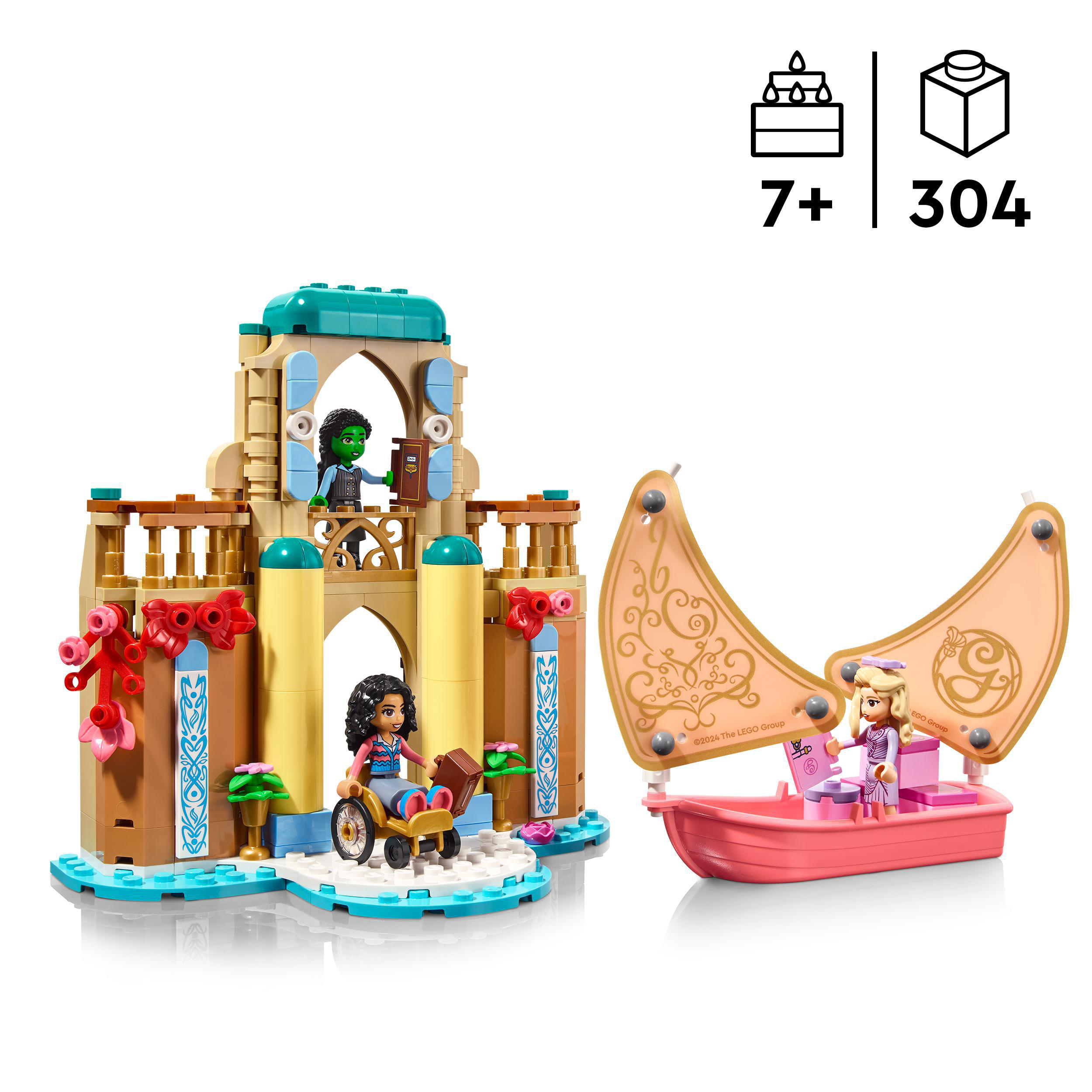 Lego-Set mit einem beigen Gebäude, einem rosa Boot und zwei Figuren.