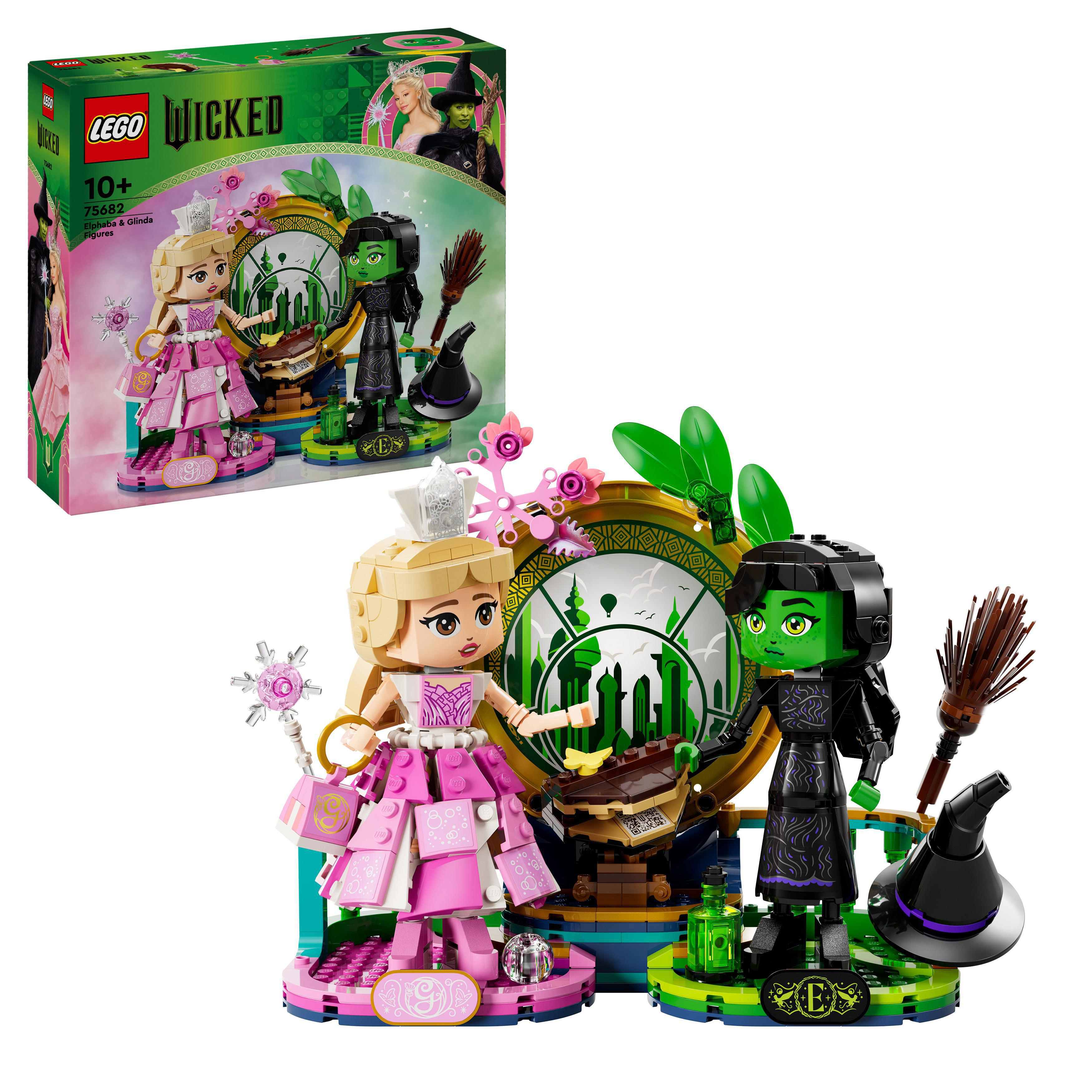 LEGO-Set von Wicked-Charakteren, Glinda und Elphaba, mit Uhr, Besen und Hut.