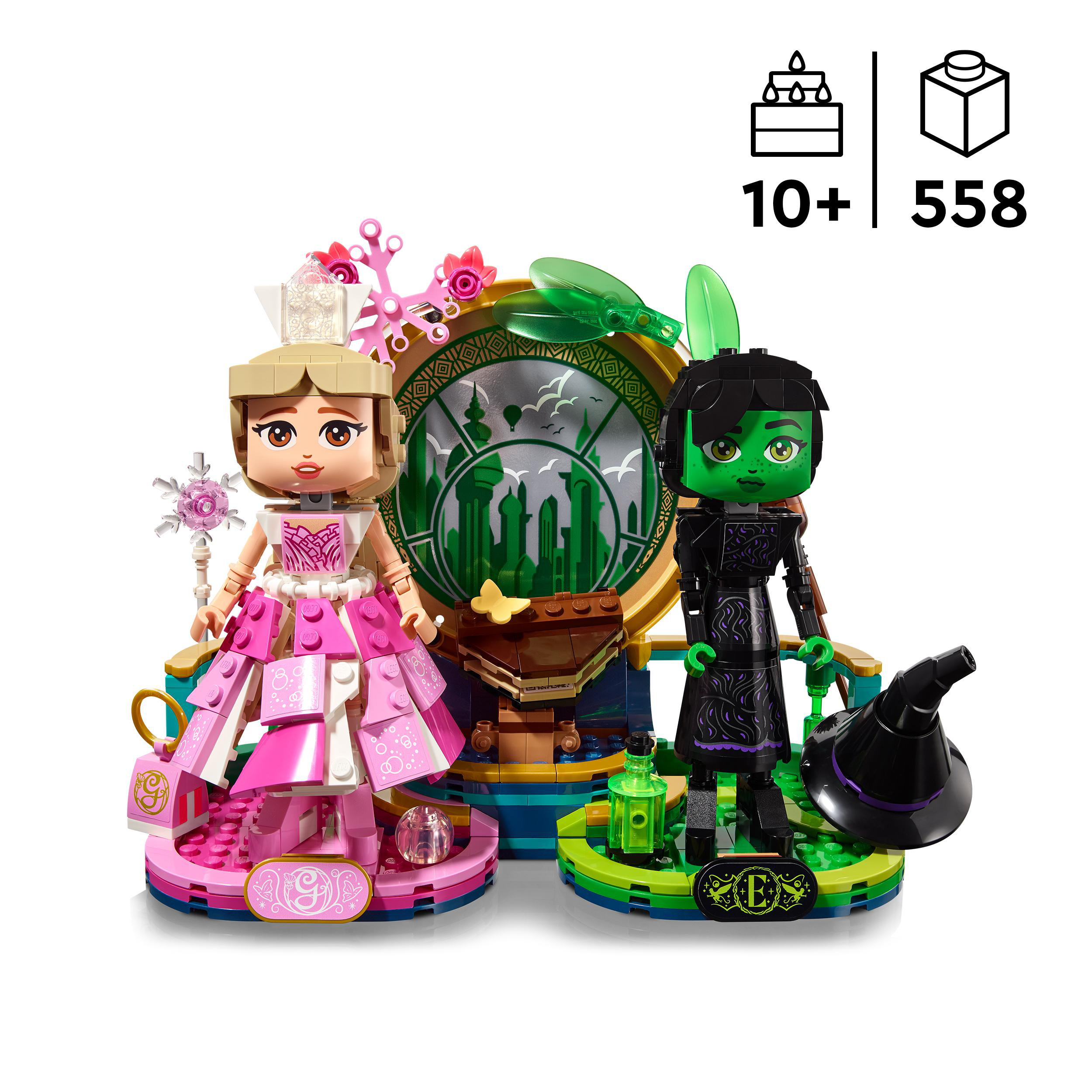 Lego-Set mit zwei Figuren, einer Prinzessin und einer grün gehäuteten Hexe, auf weißem Hintergrund.
