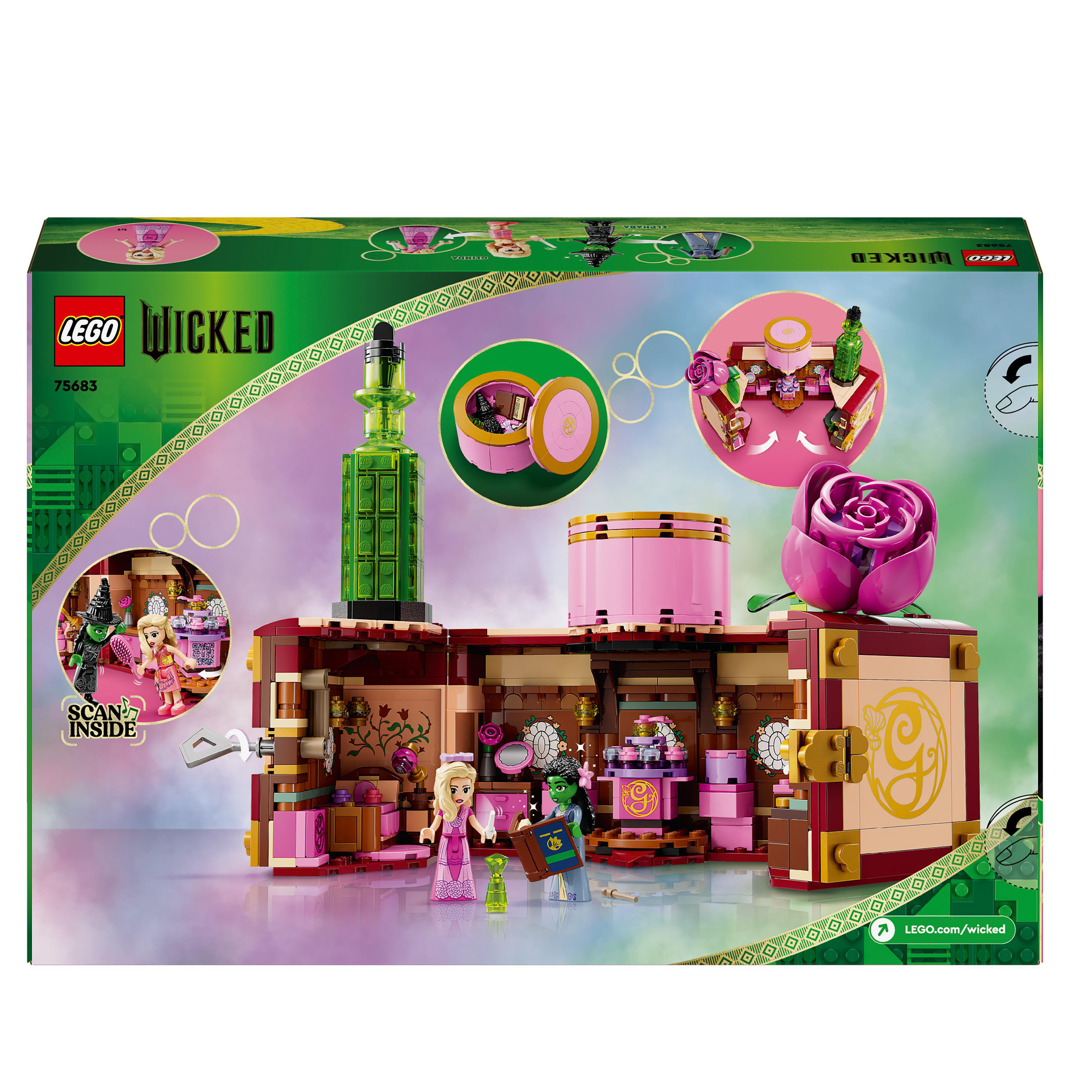Lego Wicked Box. Set zeigt eine rosa-grüne Bauszene mit Figuren.