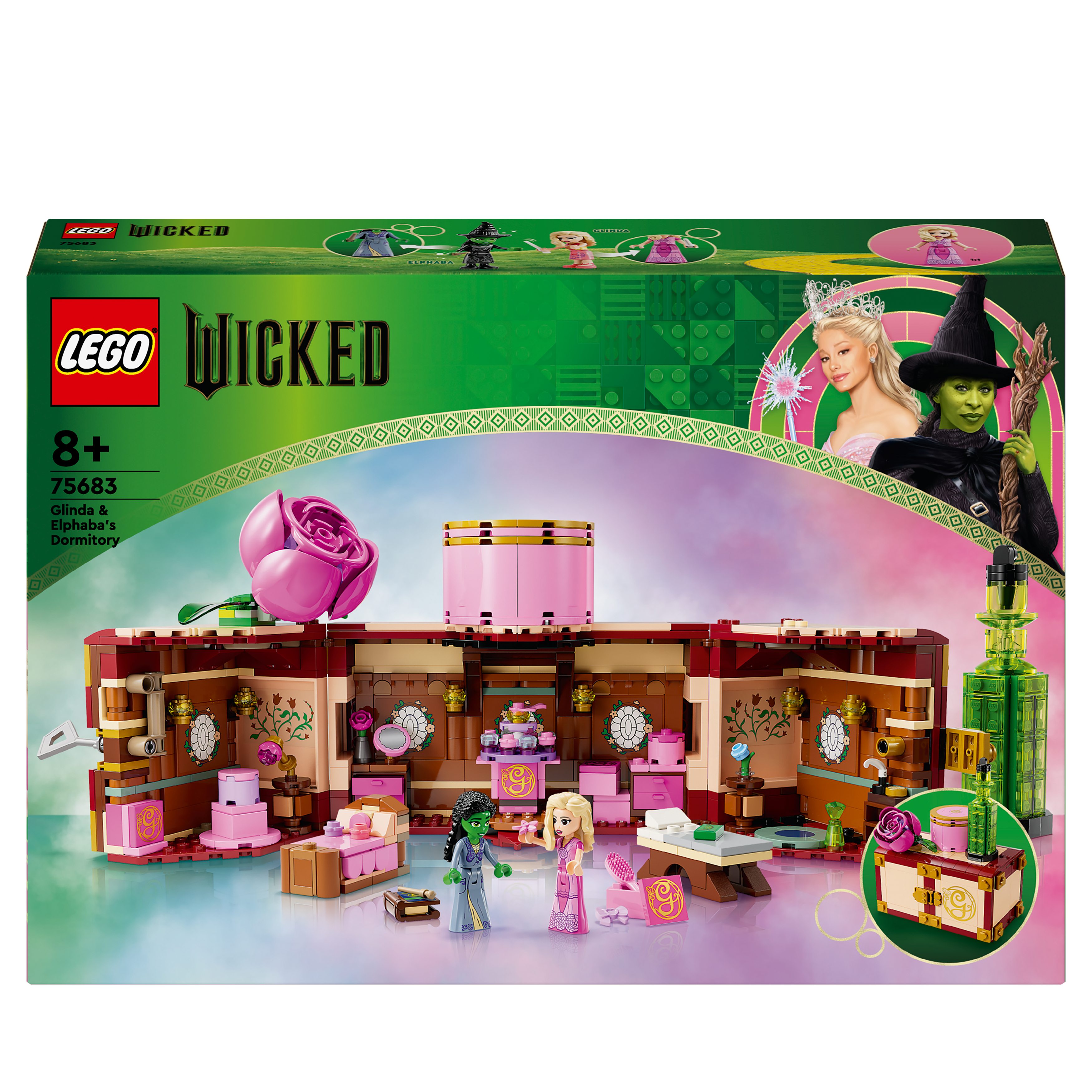 Eine LEGO-Box-Set des Musicals Wicked. Die Box zeigt Glindas und Elphabas Schlafsaal.