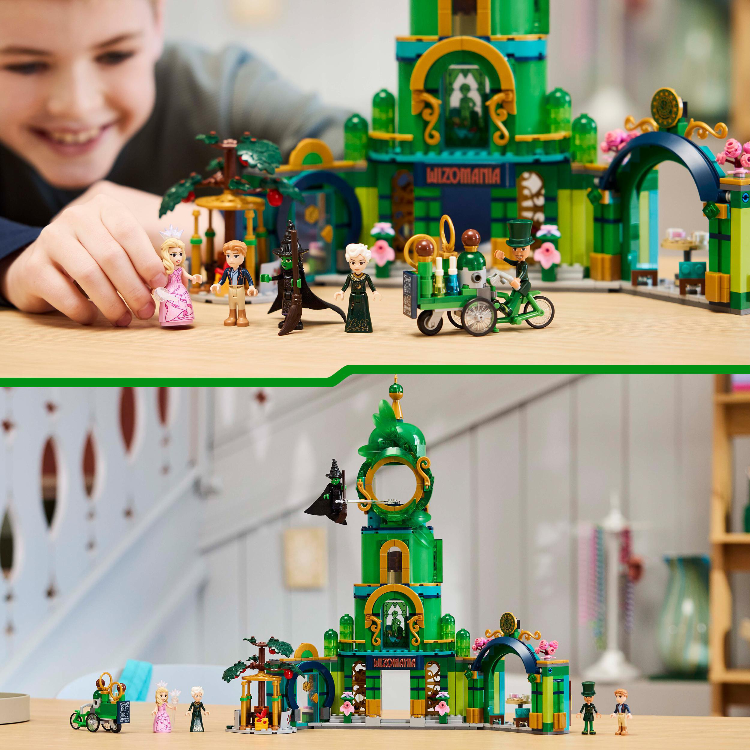 Zwei Bilder: Ein Kind spielt mit einem Lego-Set und ein fertiges Lego-Set im Hintergrund.