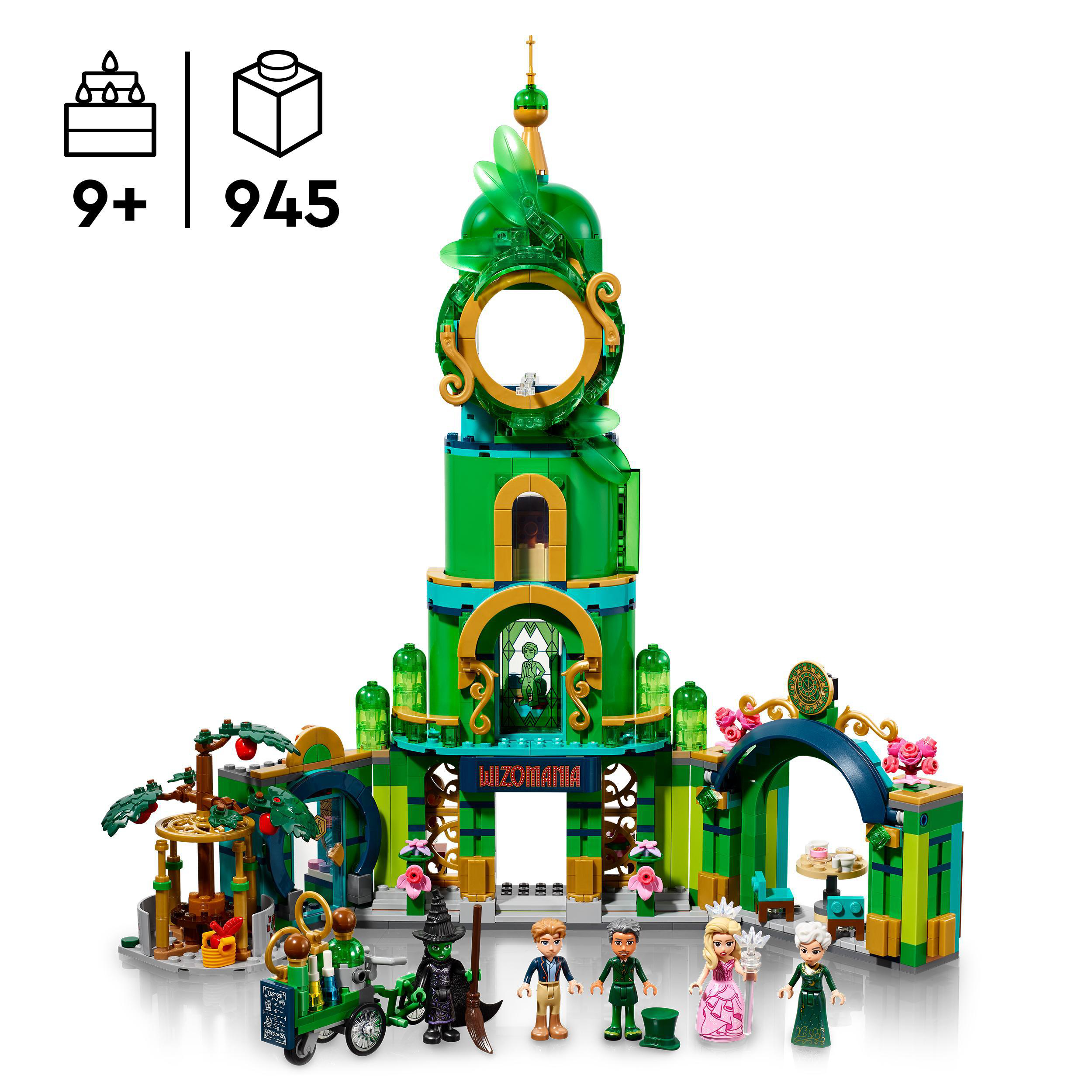 Lego-Set mit grüner Fantasiestruktur, Figuren und Zubehör auf weißem Hintergrund.
