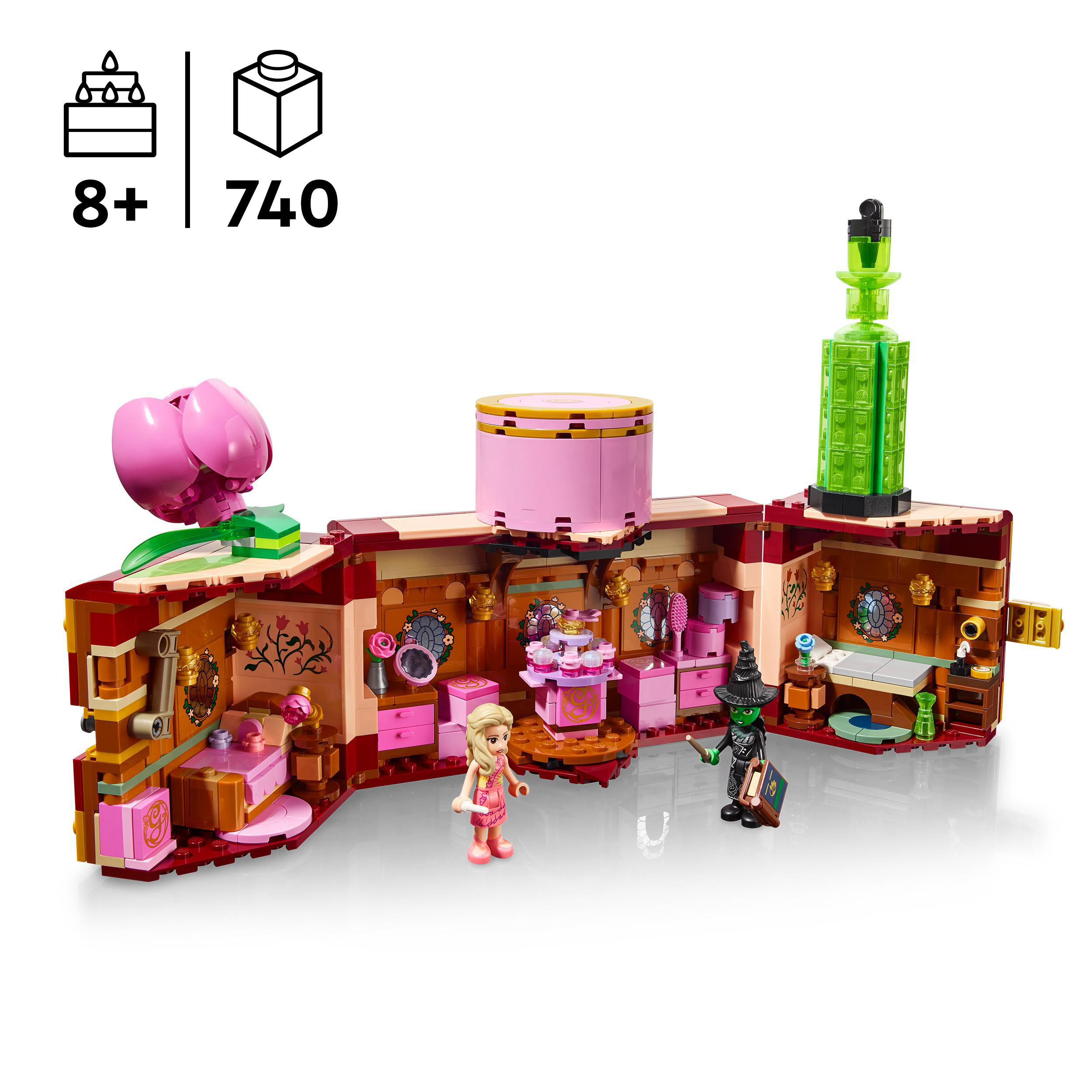 Lego-Set: rosa und braunes Gebäude mit Figuren einer Frau und einer Hexe.