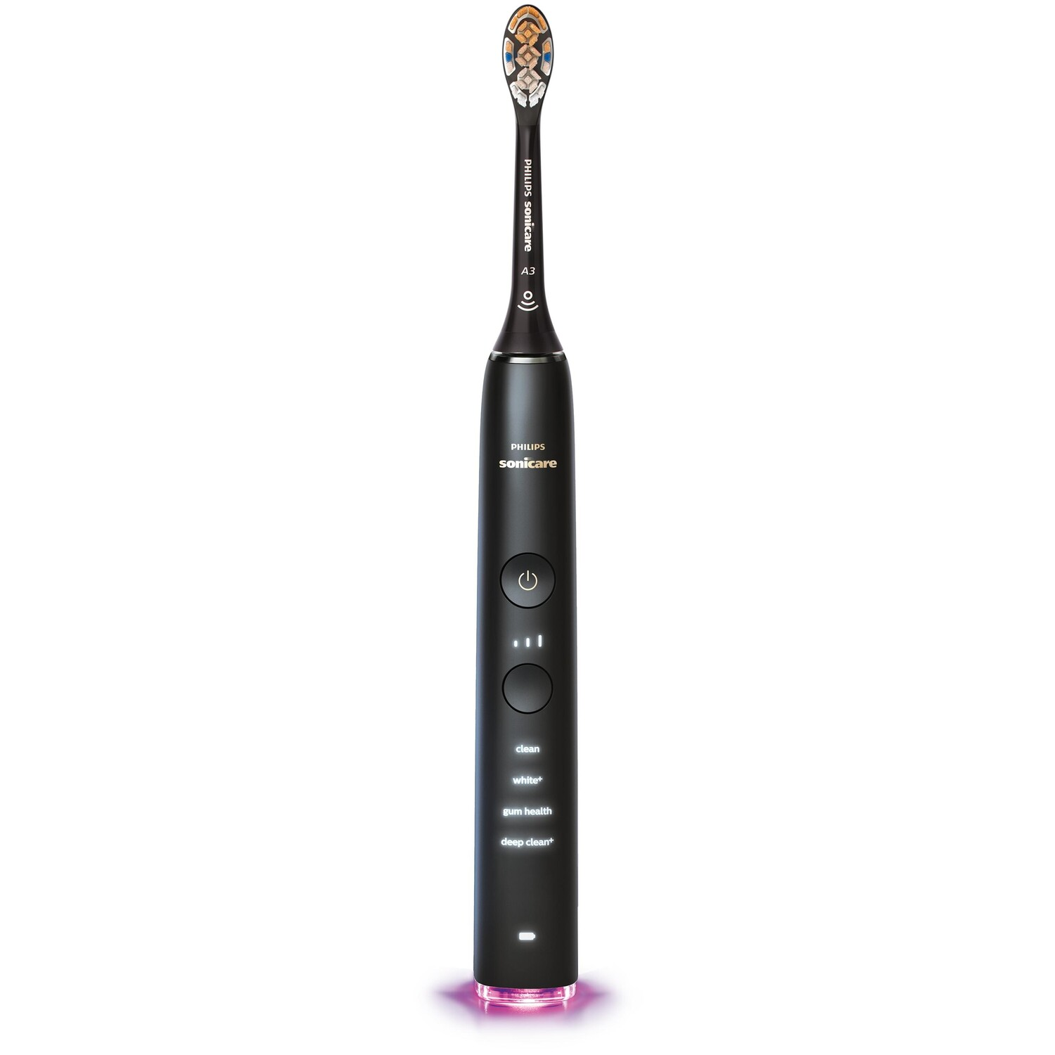 Une brosse à dents Philips Sonicare noire sur une surface blanche.