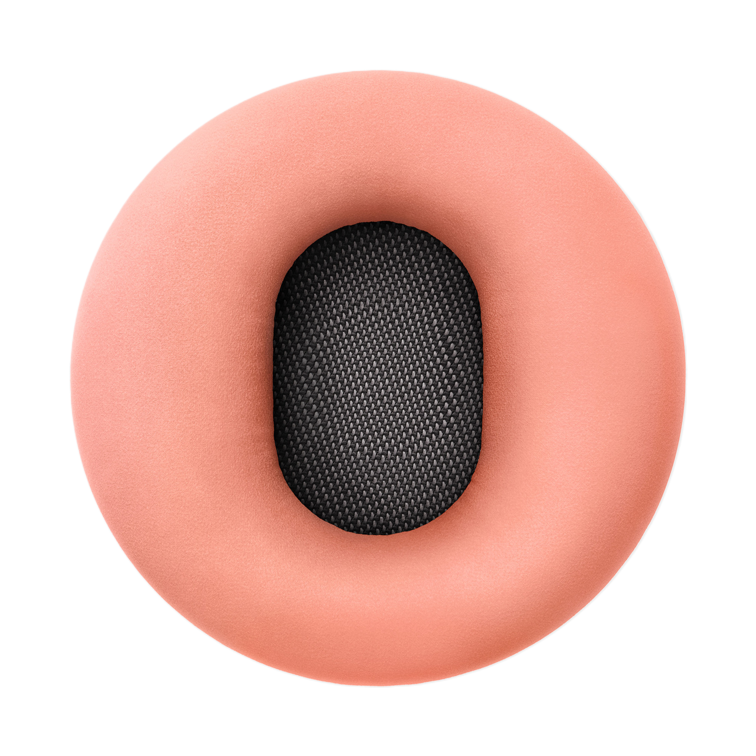 Un coussinet de casque couleur saumon avec un centre en maille noire, sur fond noir.