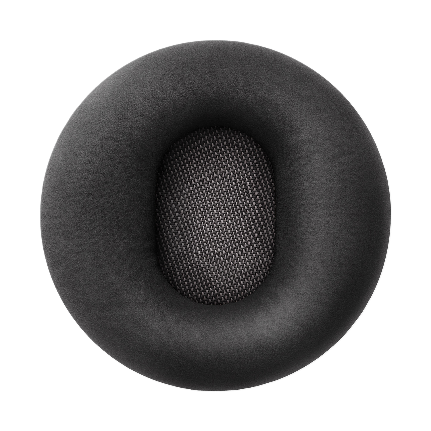 Coussinet d'oreille noir pour casque avec centre en maille grise sur fond noir.