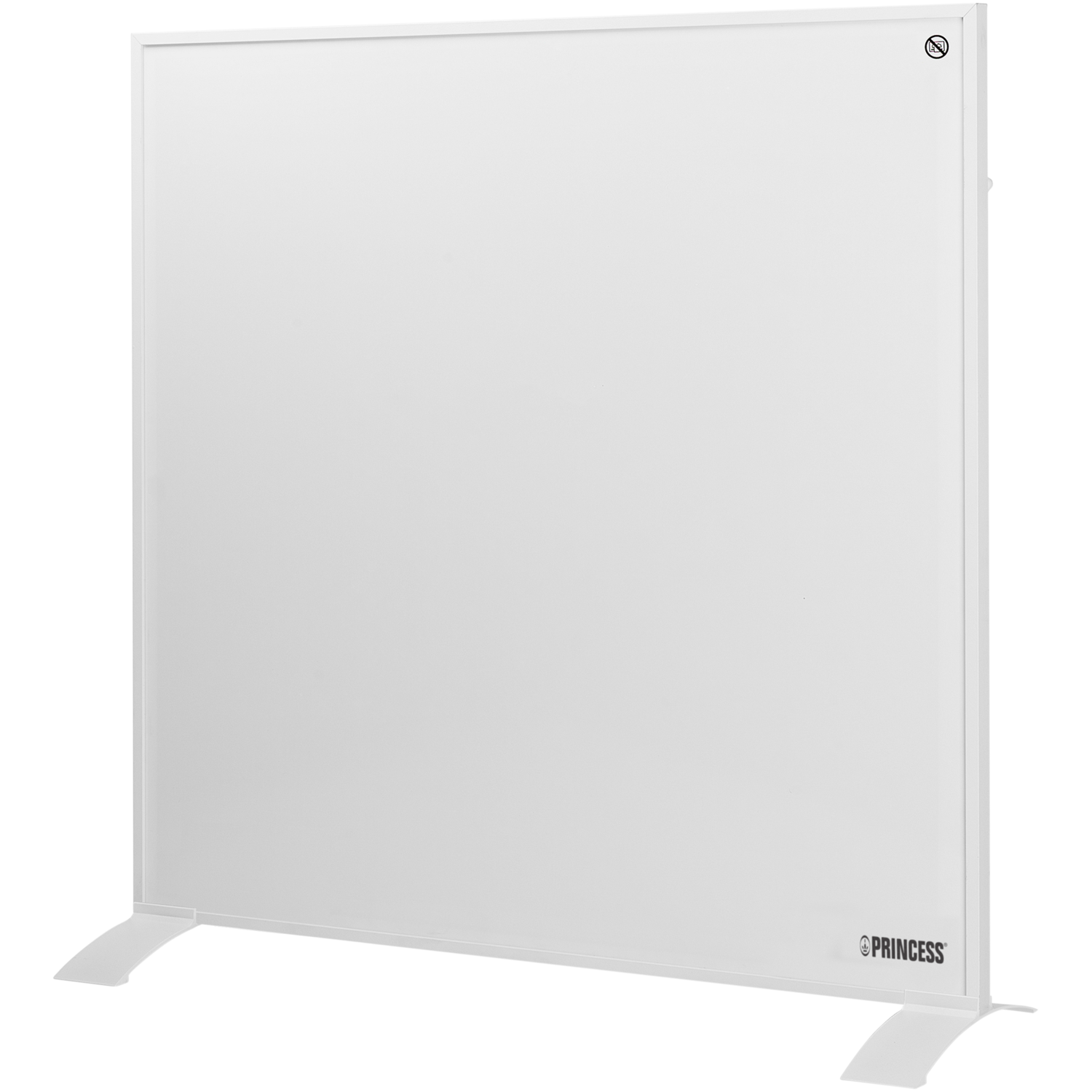 Radiateur électrique blanc posé sur des pieds noirs.