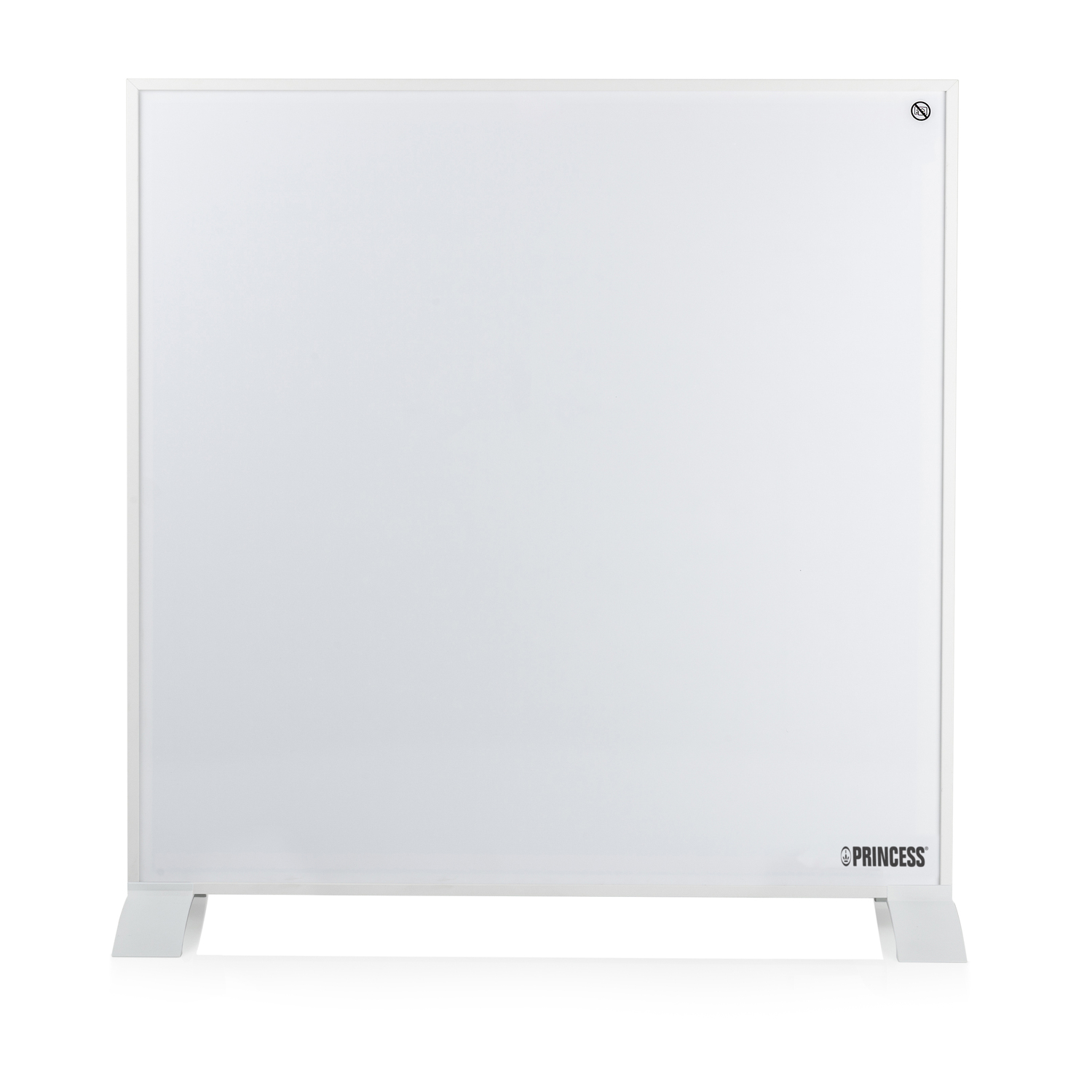 Un radiateur panneau blanc repose sur des pieds blancs sur fond blanc. Le logo est dans le coin inférieur droit.