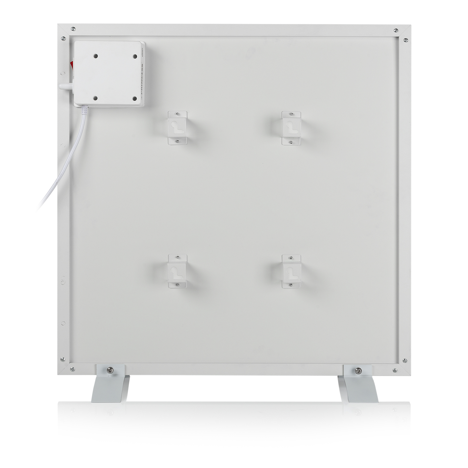 Dos d'un radiateur panneau blanc, avec supports et pieds de montage.