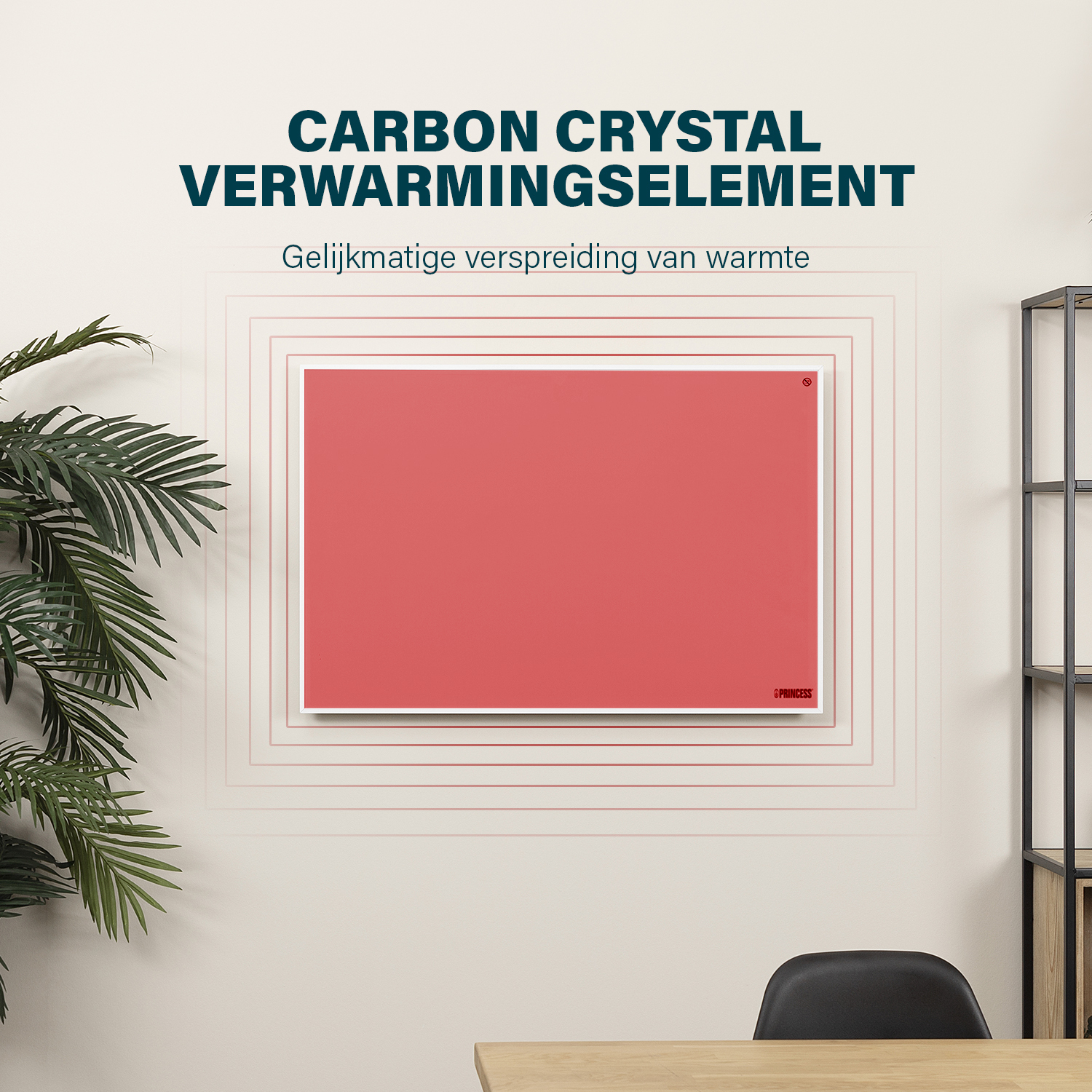 Rood vierkant verwarmingselement op een witte muur. Tekst erboven, tekst eronder en een plant.