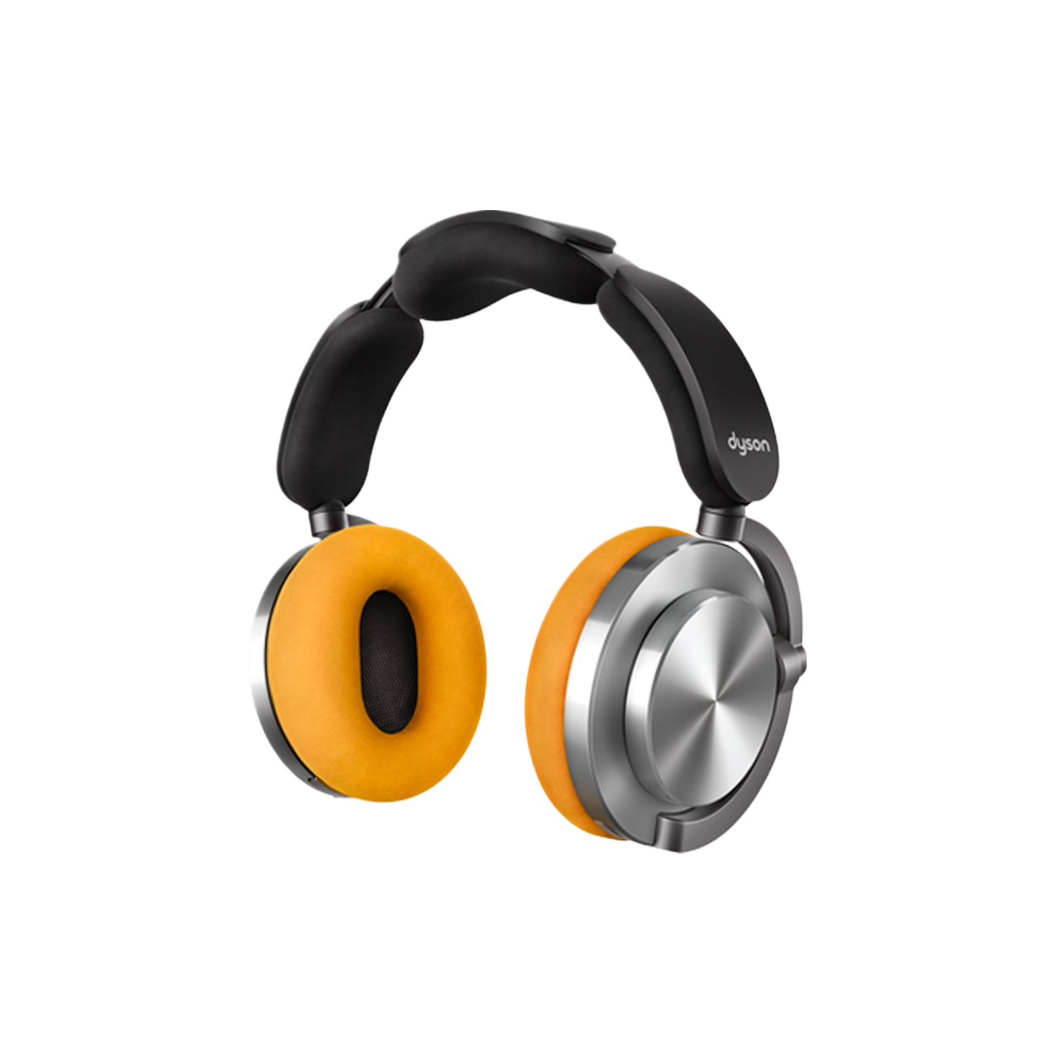 Dyson over-ear koptelefoon met oranje oorschelpen en zilveren accenten.