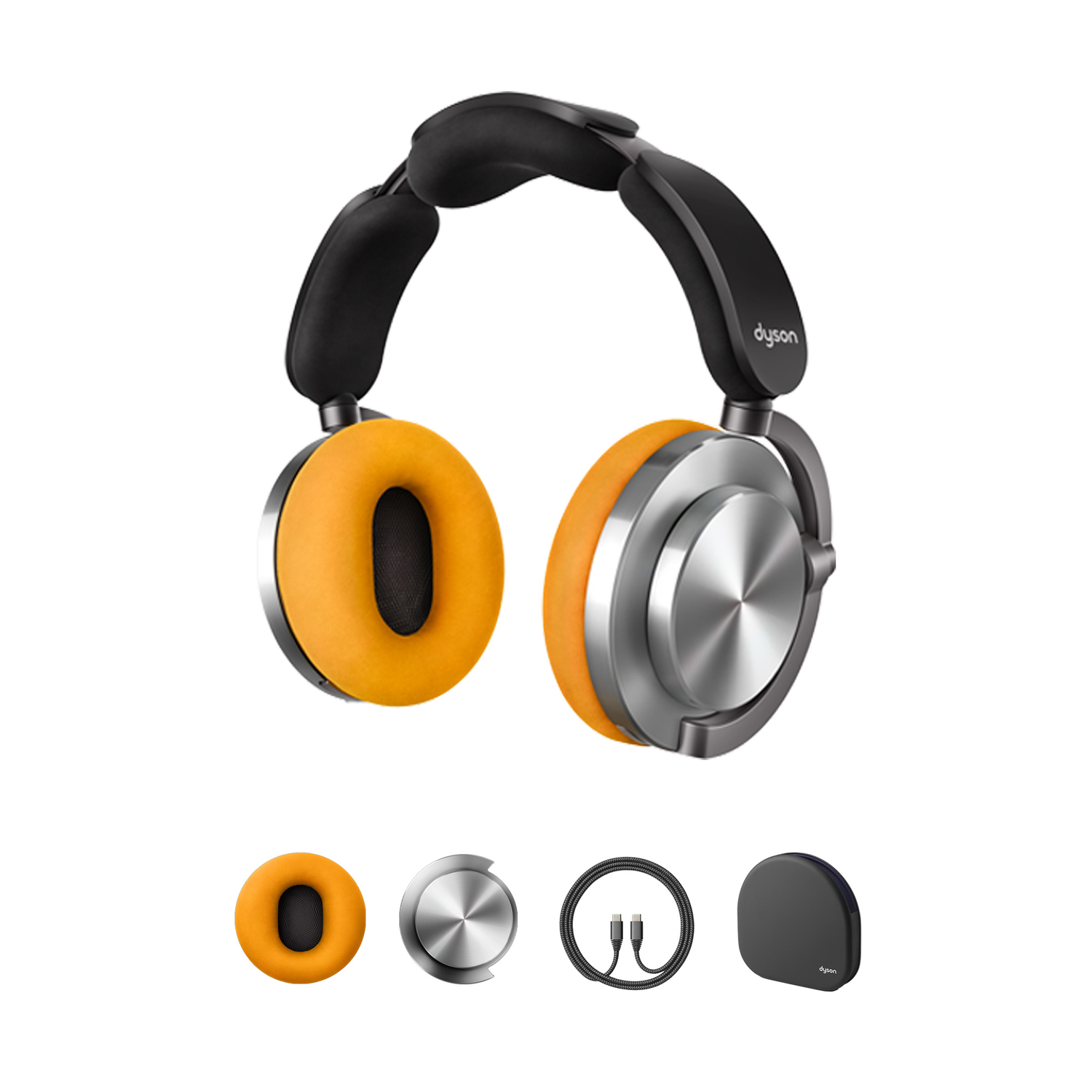 Over-ear koptelefoon met oranje oorschelpen en zilveren accenten, met accessoires zoals reserve oorkussens.