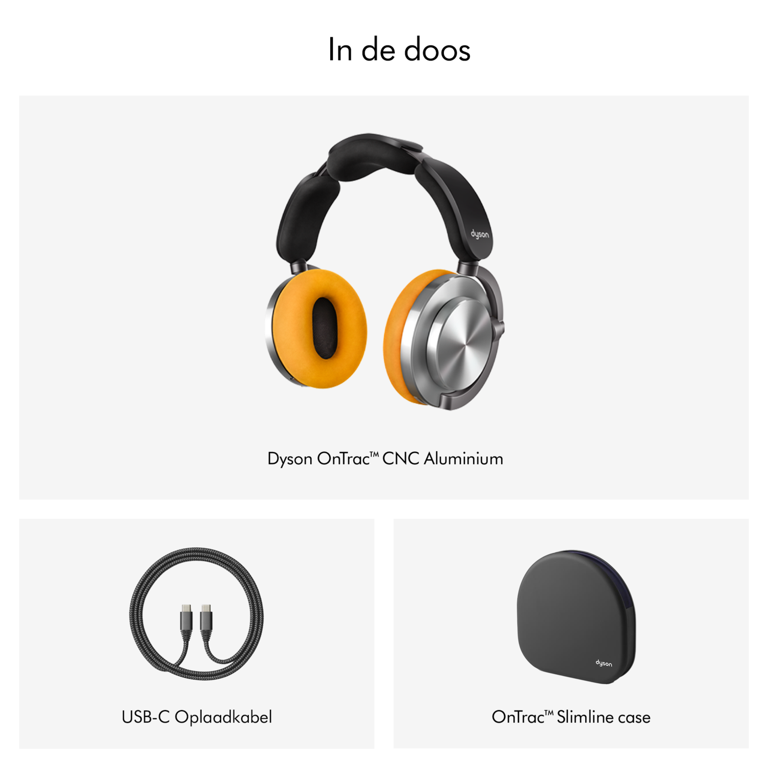 Hoofdtelefoon met oranje oorschelpen, zwarte hoofdband en zilveren accenten.