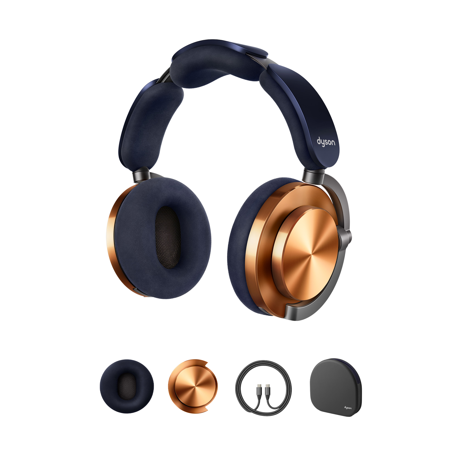 Over-ear hoofdtelefoon, marineblauwe oorschelpen, koperkleurige accenten, accessoires eronder.