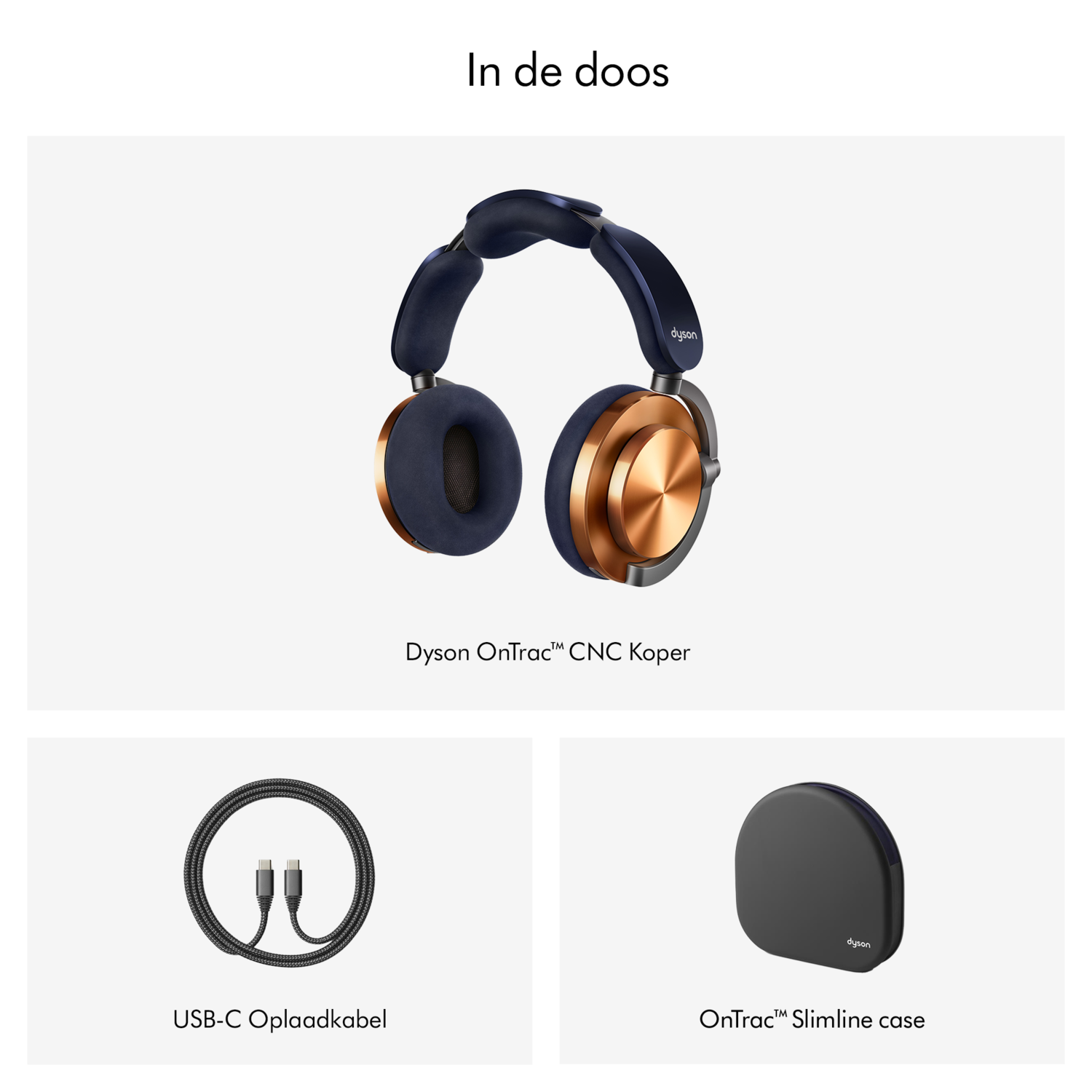 Hoofdtelefoon, USB-C-kabel en een hoesje, alles op een witte achtergrond, met een Dyson-product.