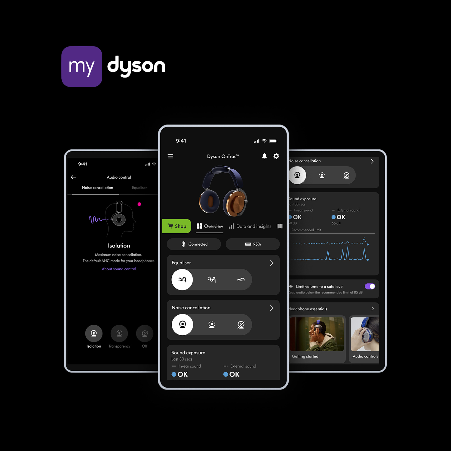 Schermen met de functies van de Dyson-hoofdtelefoon-app, met ruisonderdrukking en details over geluidsexposure.