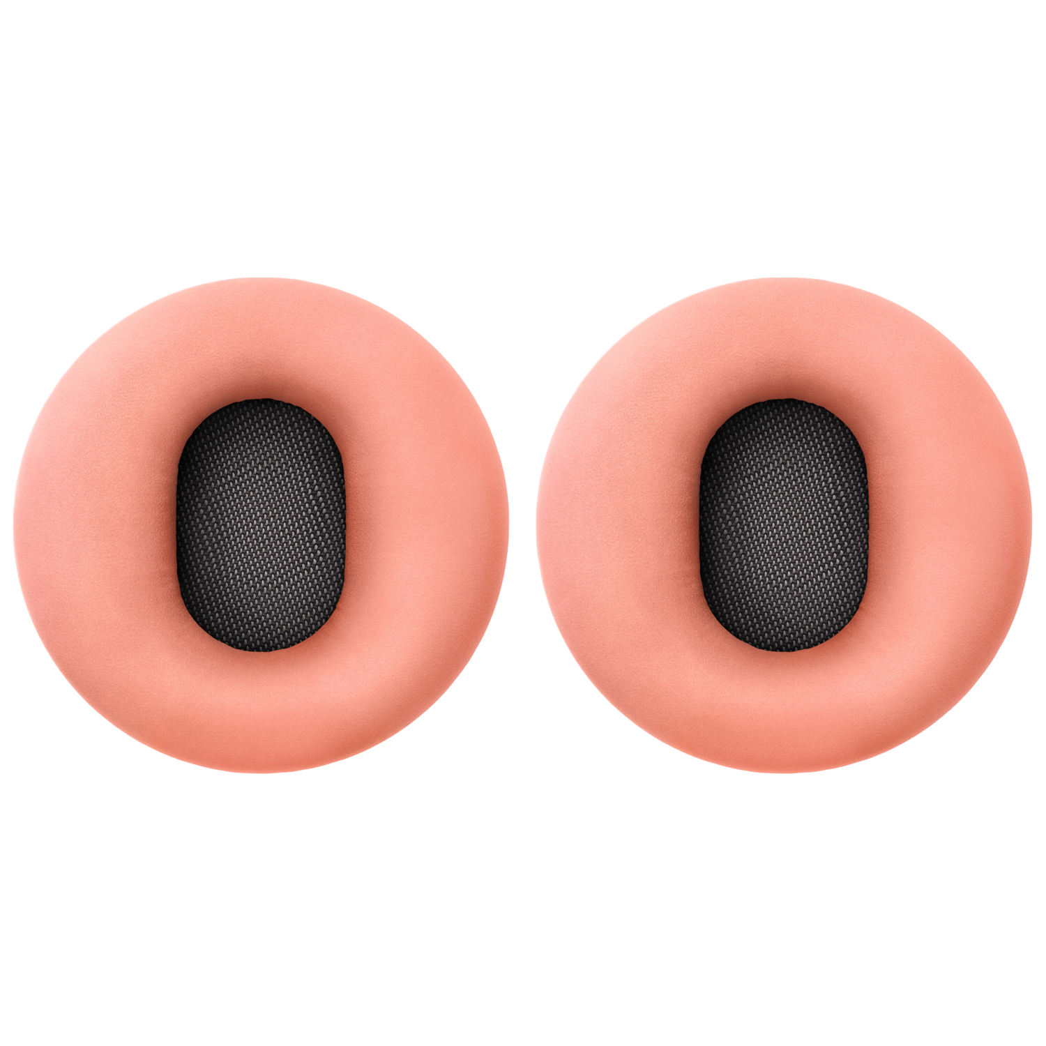 Twee perzik-kleurige oorkussens met een zwart mesh-midden, voor hoofdtelefoons.