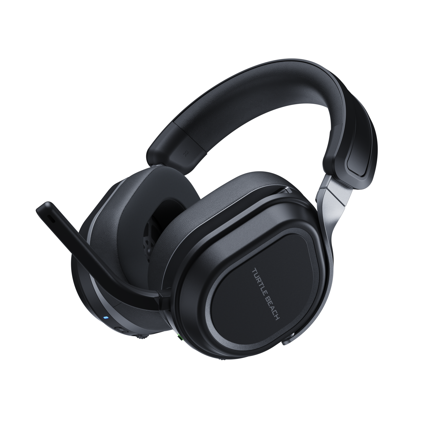 Black Turtle Beach headphones.  A microphone extends from the left earcup. Black background.
