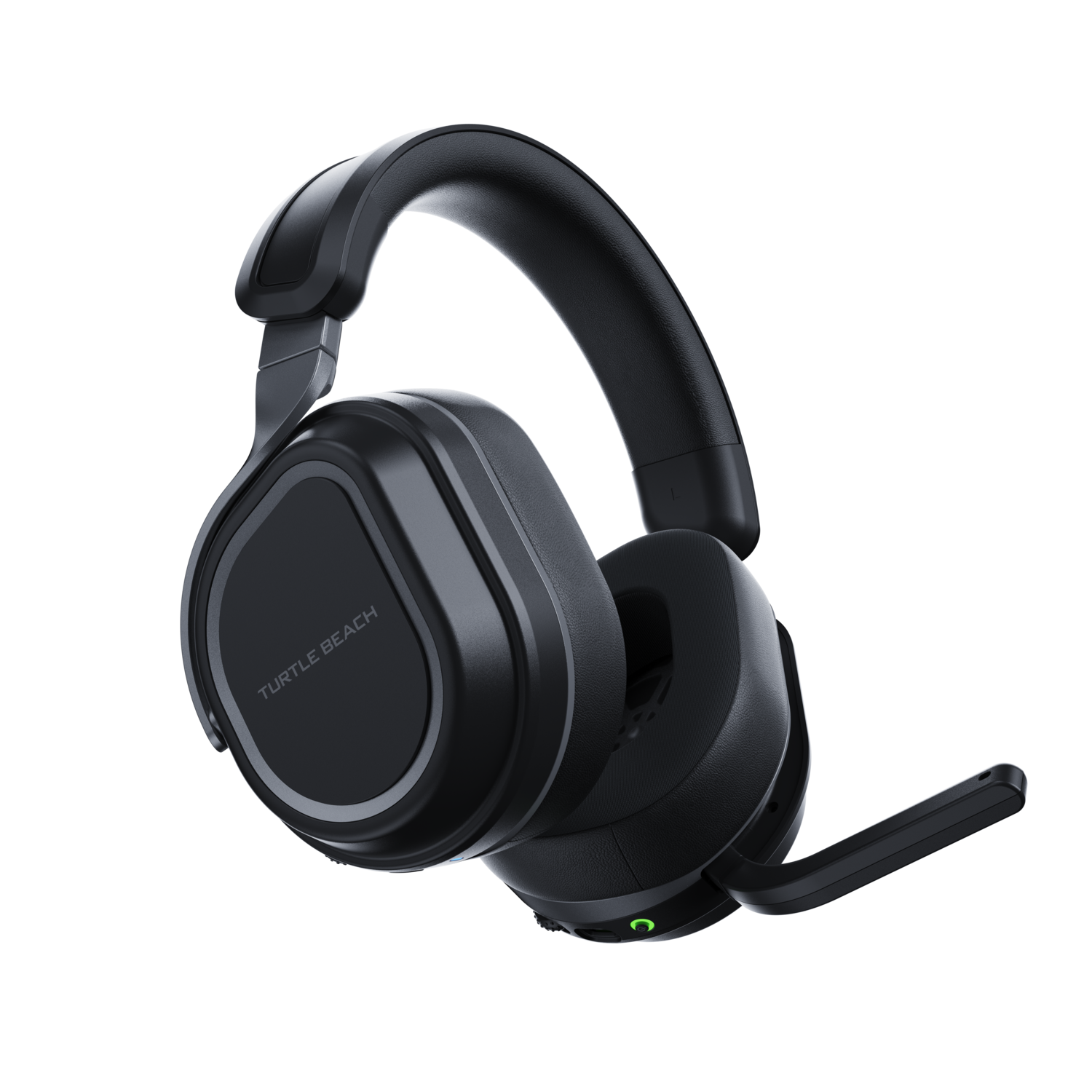 Black Turtle Beach headphones with a microphone, on a dark background, angled view.