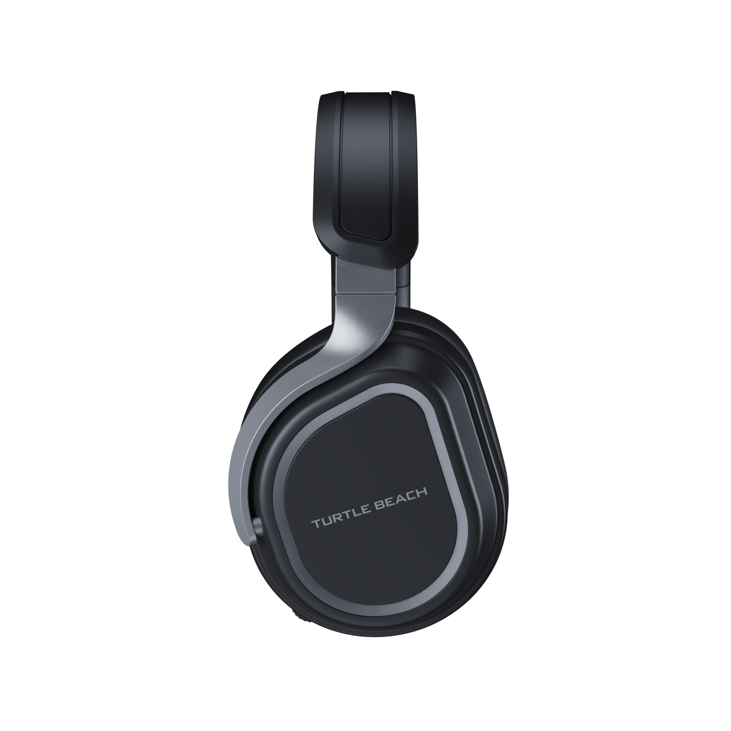 Black and silver Turtle Beach headset on a black background.
