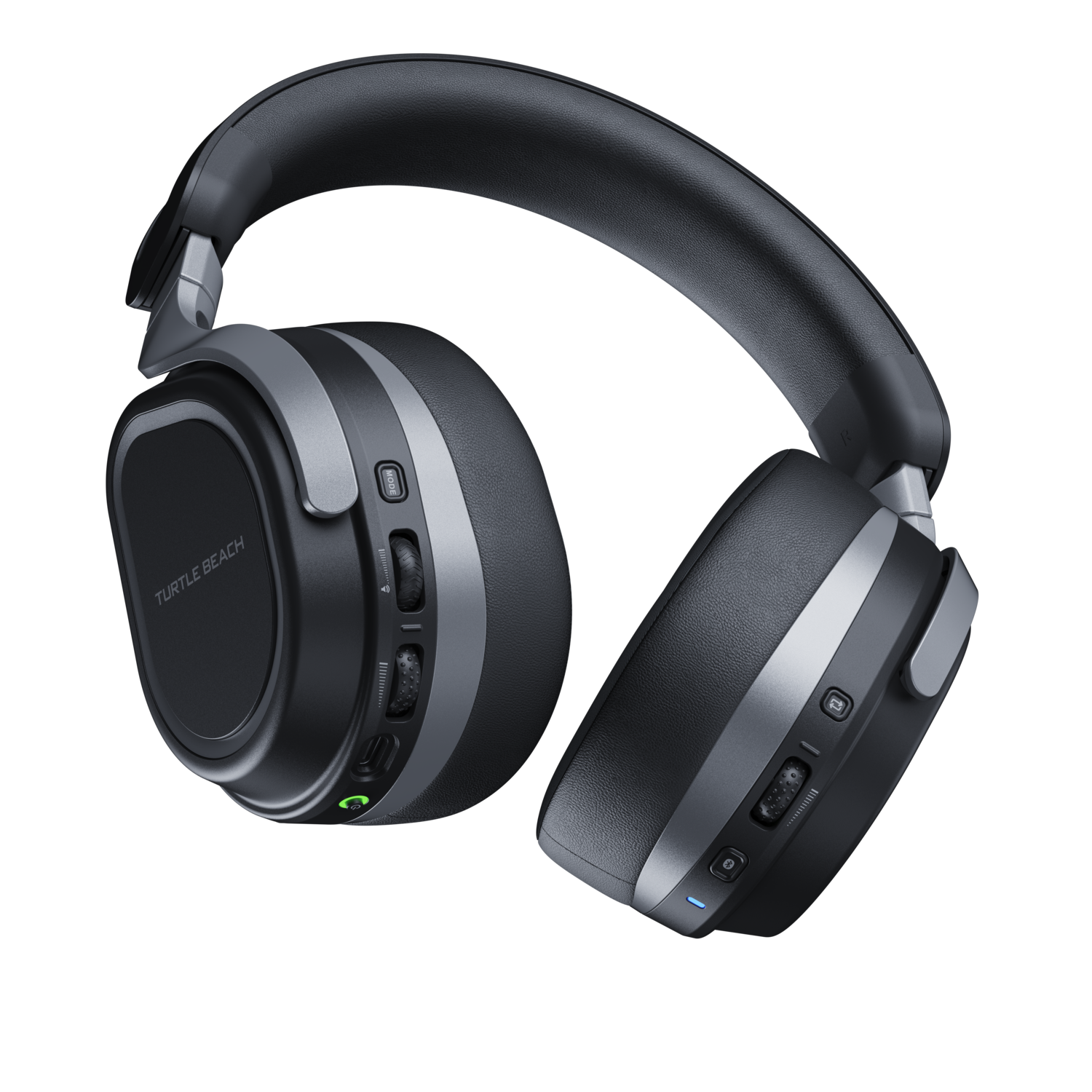 Black and gray headphones with silver accents, on a black background.