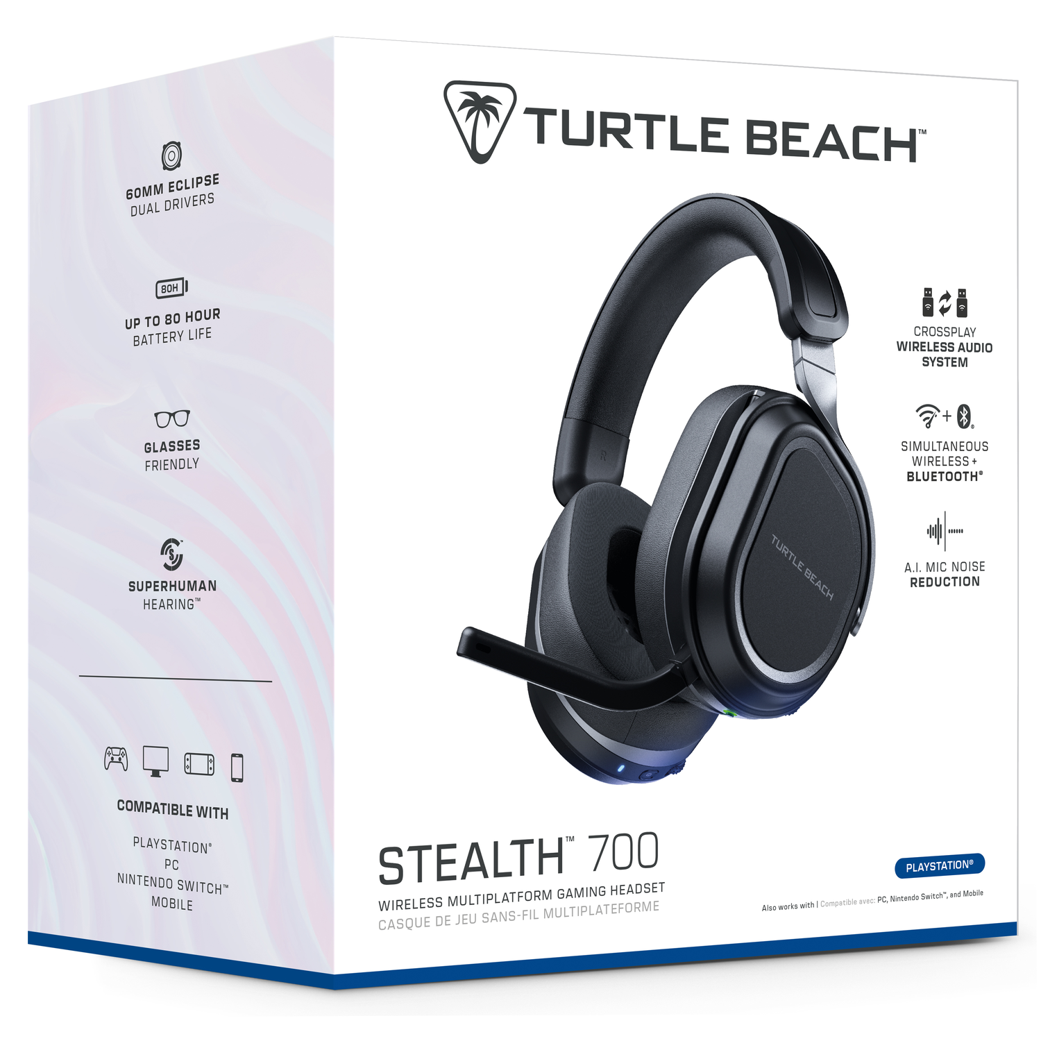 Black headset on a white box with features description and brand logo.