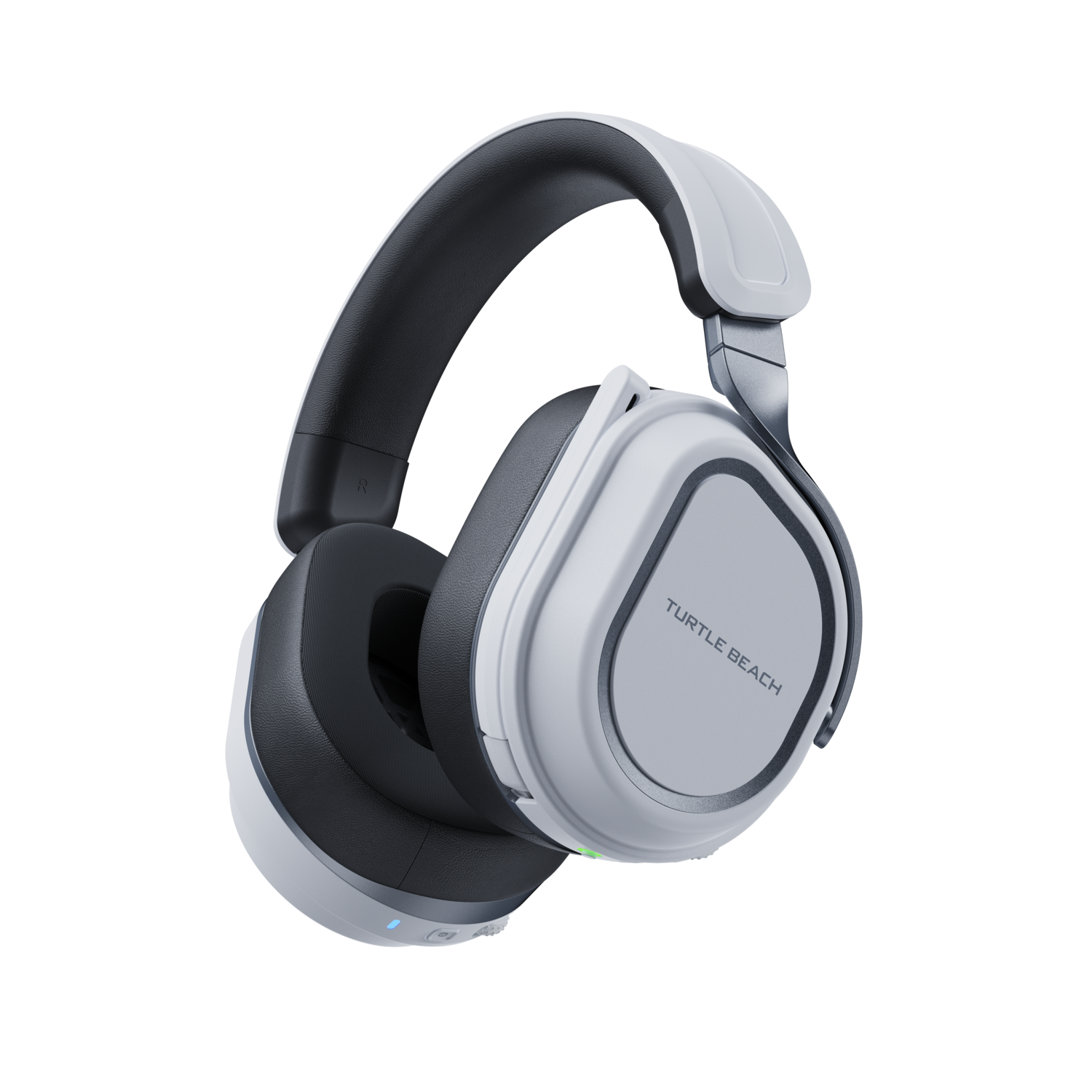 Witte en grijze Turtle Beach-koptelefoon, van de zijkant bekeken, op een donkere achtergrond.