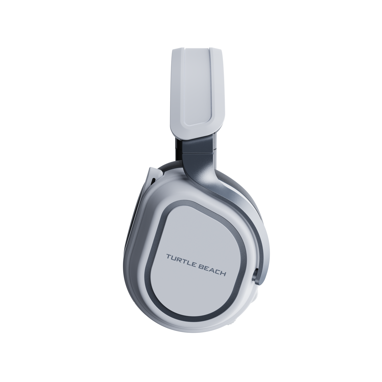 Witte en grijze Turtle Beach koptelefoon. Ze zijn in zijaanzicht. Zwarte achtergrond.