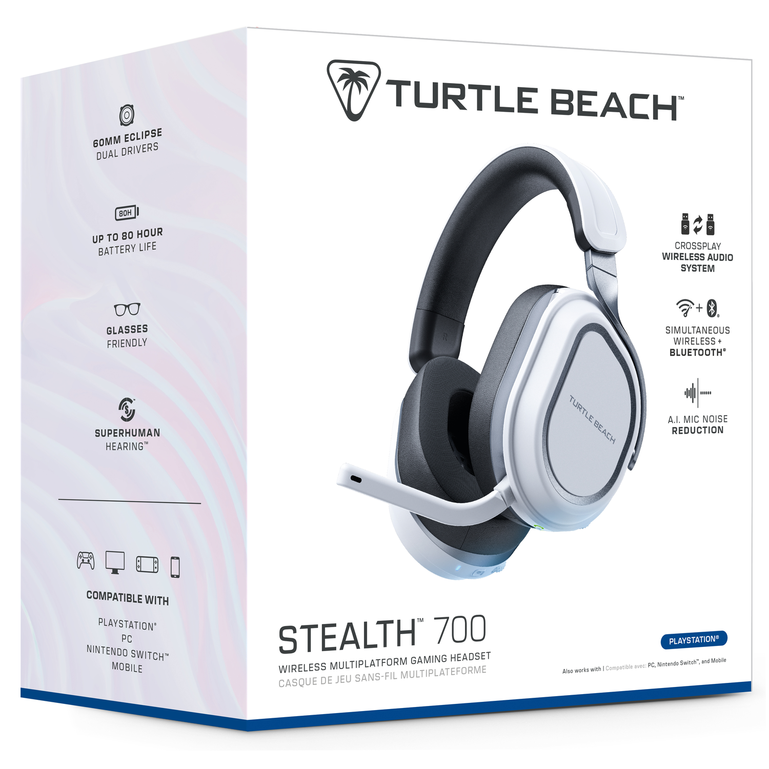 Witte en zwarte gaming headset met functies op een witte doos.