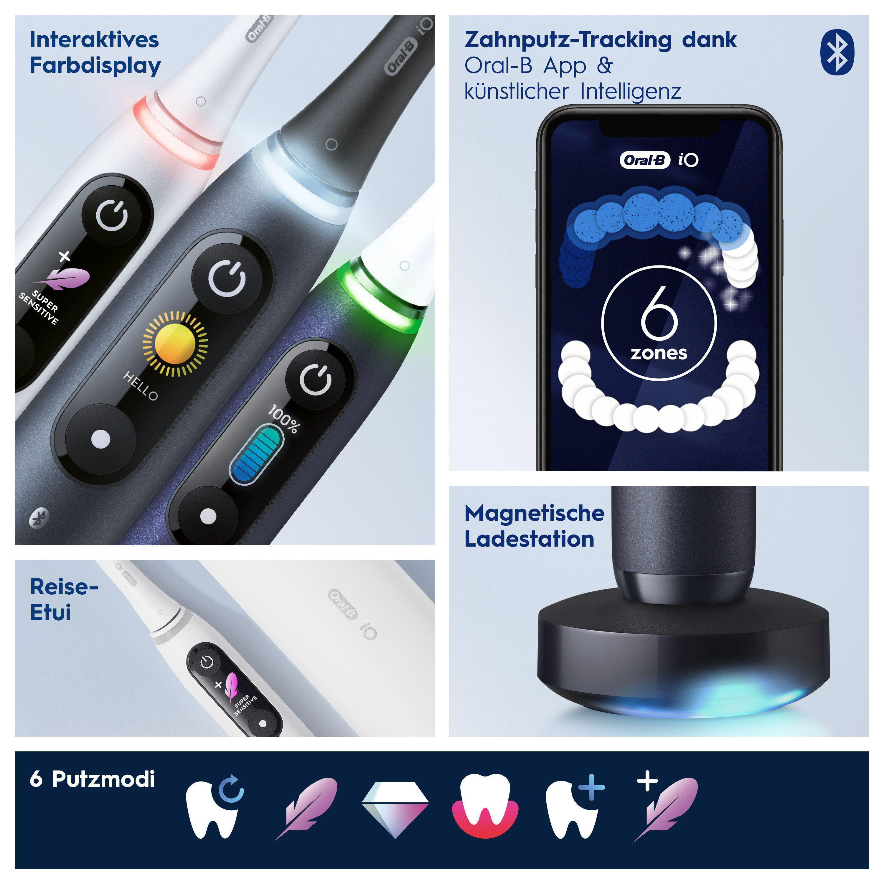 Mehrteiliges Bild einer elektrischen Zahnbürste, App-Integration und Zubehör.