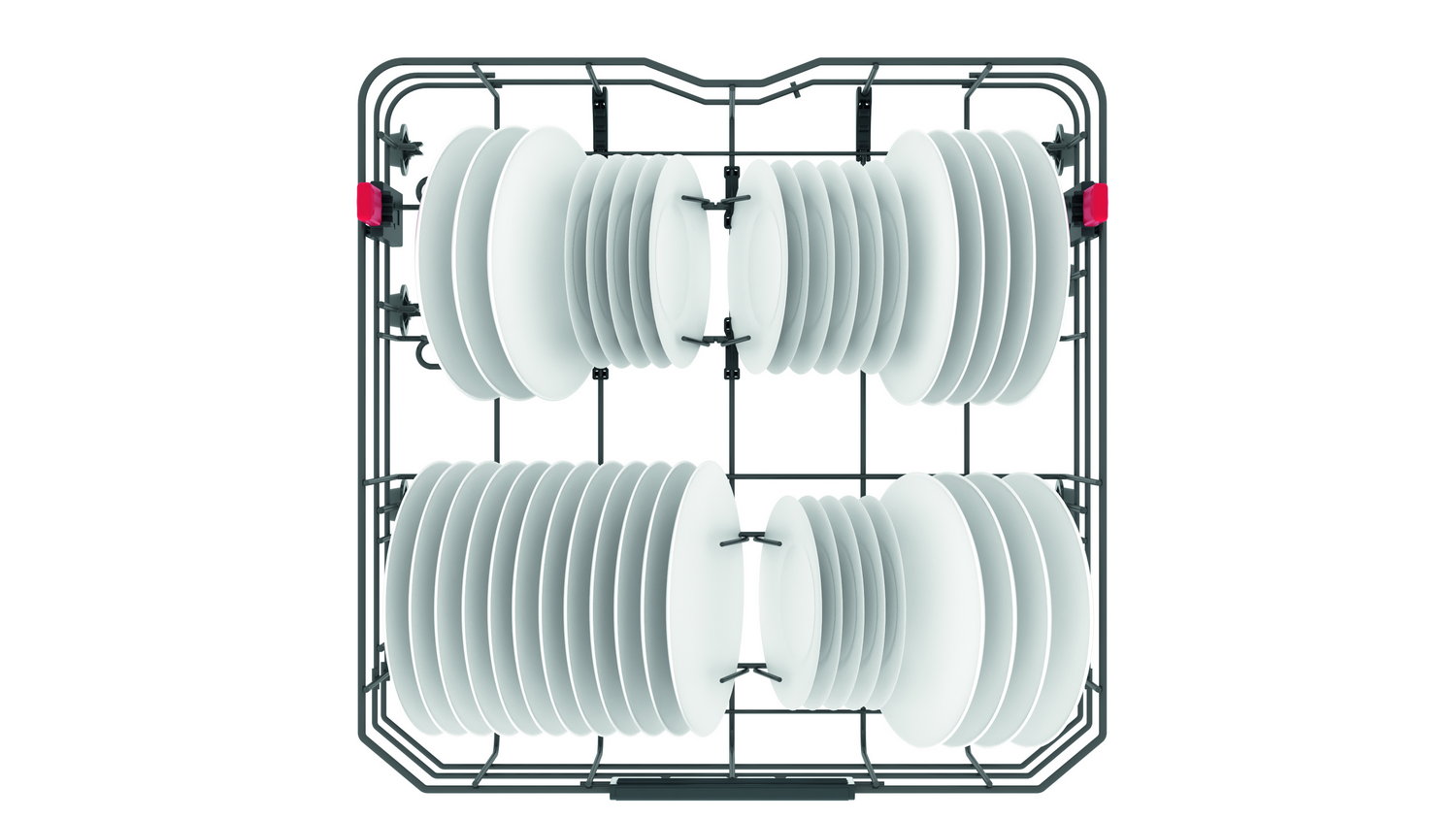 Cesta de lavavajillas llena de platos blancos. Muestra una variedad de platos en una disposición organizada.
