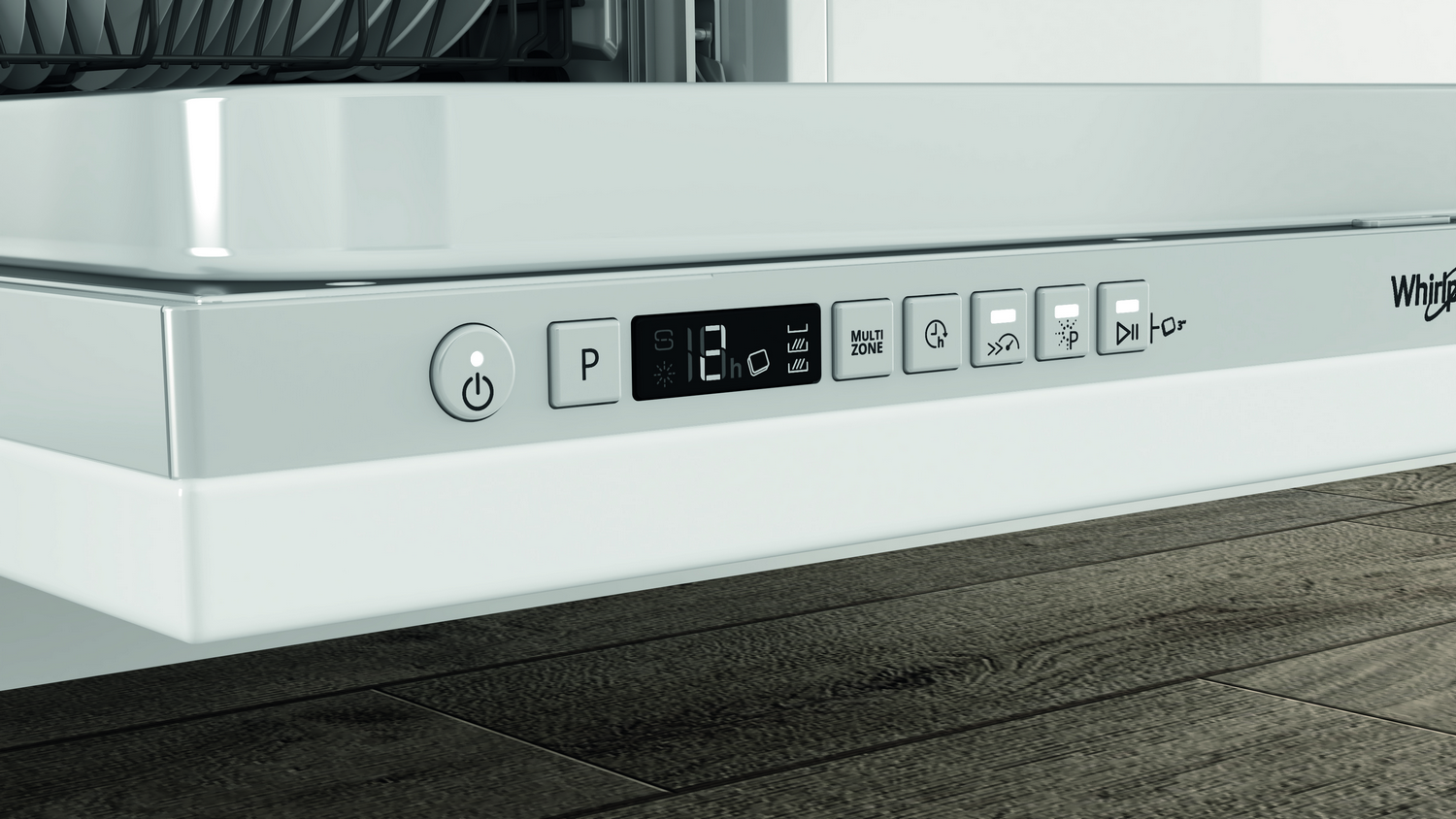 Primer plano del panel de control de lavavajillas blanco con botones y pantalla.
