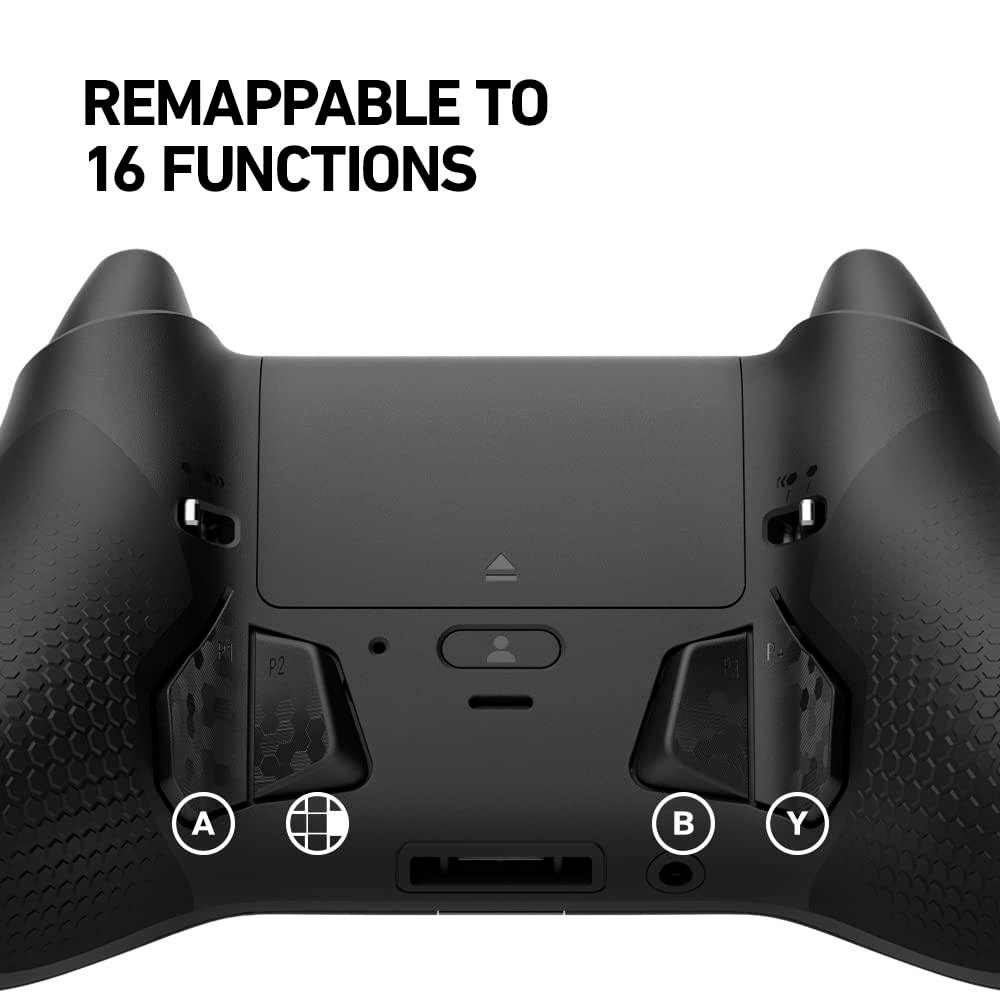 Rückseite eines schwarzen Controllers mit Tasten A, B, X, Y und Remap-Funktionen.