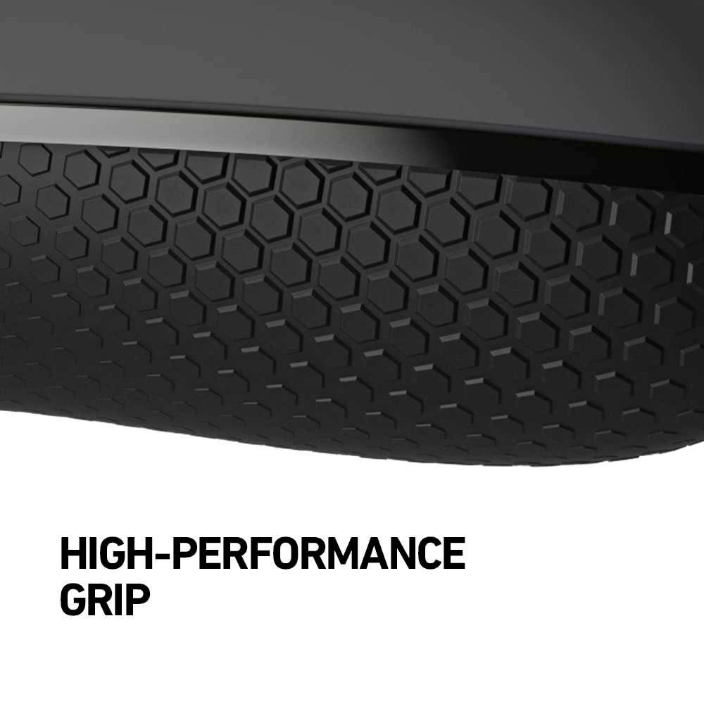 Nahaufnahme einer schwarzen Oberfläche mit strukturiertem Muster. Der Text HIGH-PERFORMANCE GRIP steht darunter.