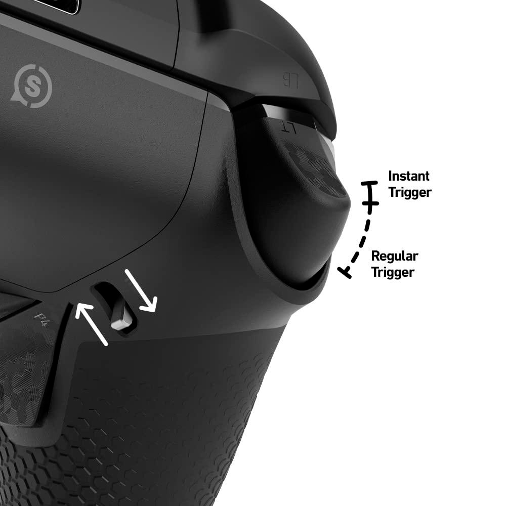 Nahaufnahme eines schwarzen Gaming-Controllers mit Pfeilen, die die Auslösertypen angeben: Sofort und Regulär.