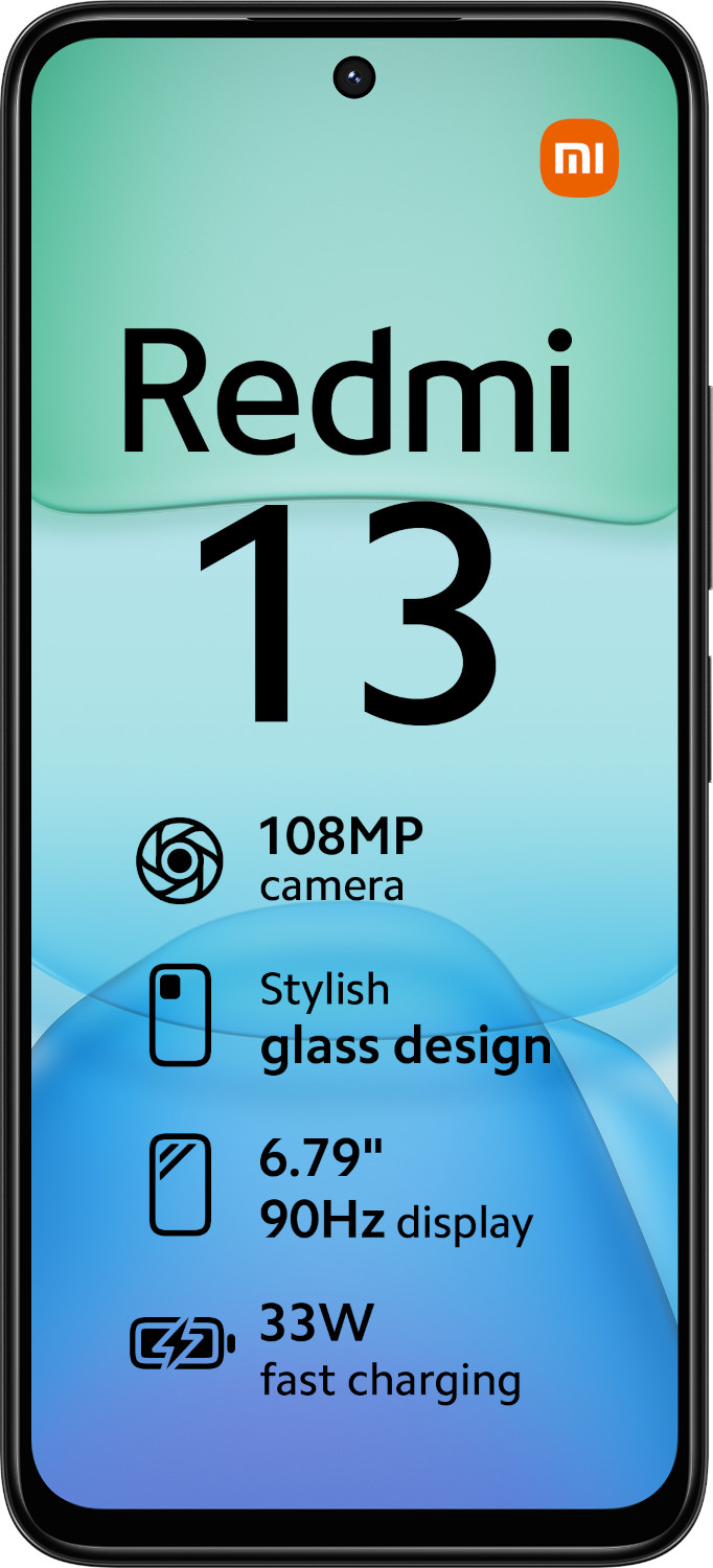 Téléphone Redmi 13, orienté verticalement avec les fonctionnalités affichées, cadre noir, fond blanc.