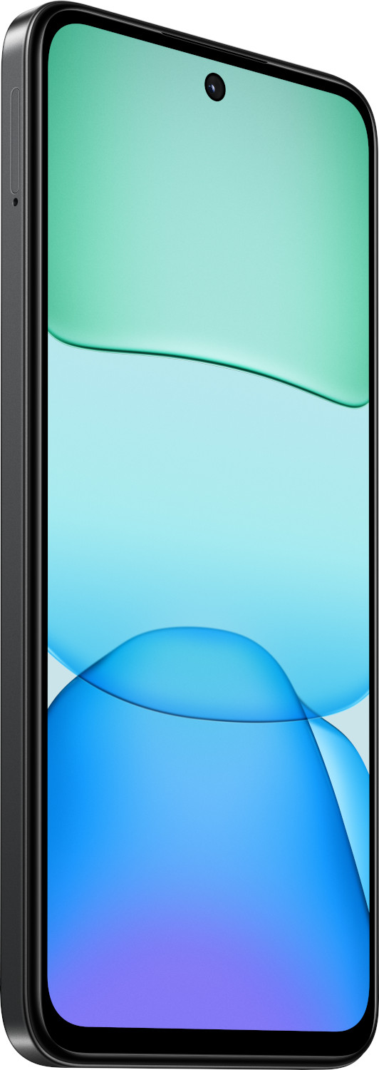 Vue latérale d'un smartphone noir. L'écran affiche des dégradés de couleurs bleues et vertes.