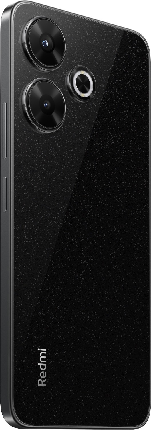 Smartphone noir avec trois caméras arrière, logo Redmi et dos texturé. Vue de côté.