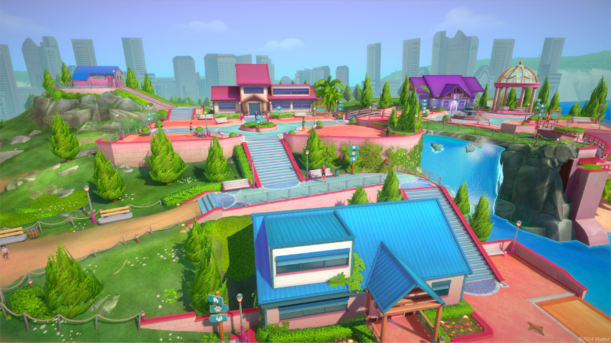 Scena z kreskówki z kolorowymi budynkami, drzewami i rzeką. W tle diabelski młyn.