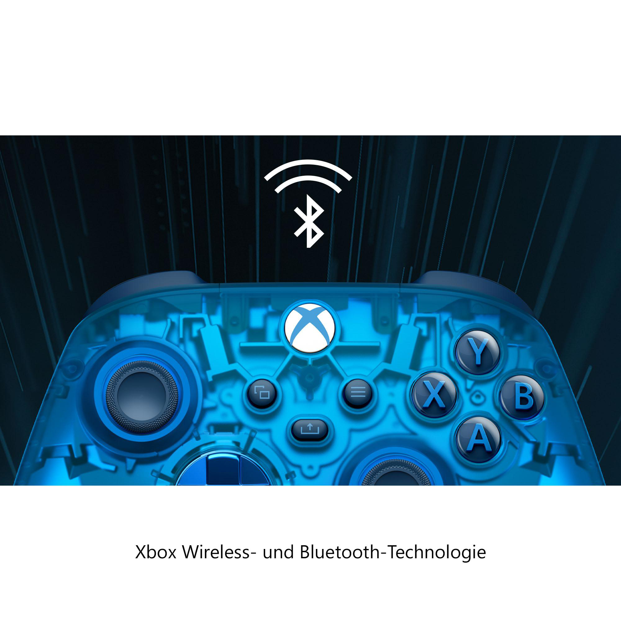 Blau-schwarzer Xbox-Controller. Bluetooth-Symbol oben. Tasten: A,B,X,Y.