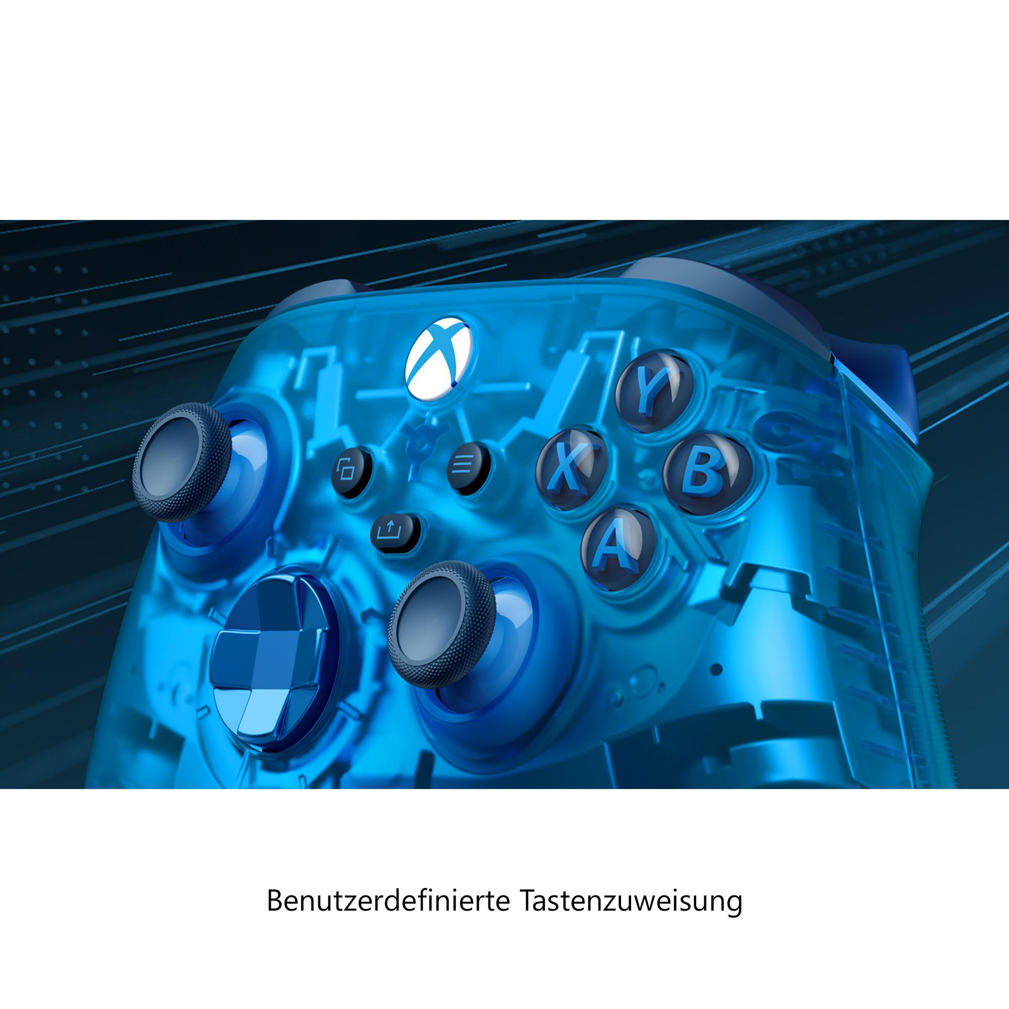 Ein durchscheinender blauer Gamecontroller mit vielen Knöpfen.