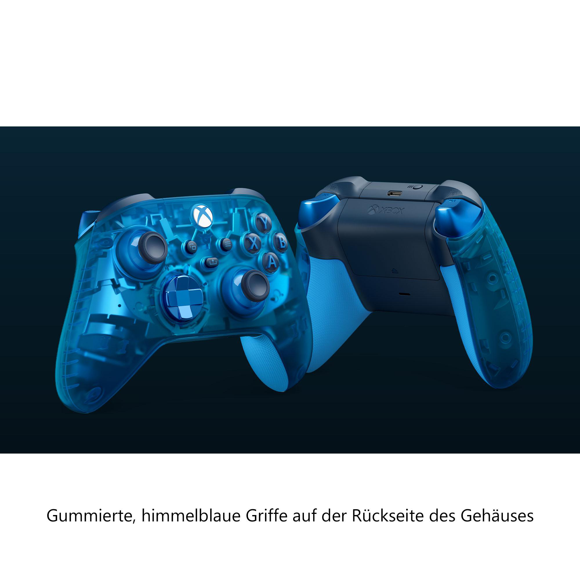 Zwei blaue, transparente Xbox-Controller, Vorder- und Rückansicht.