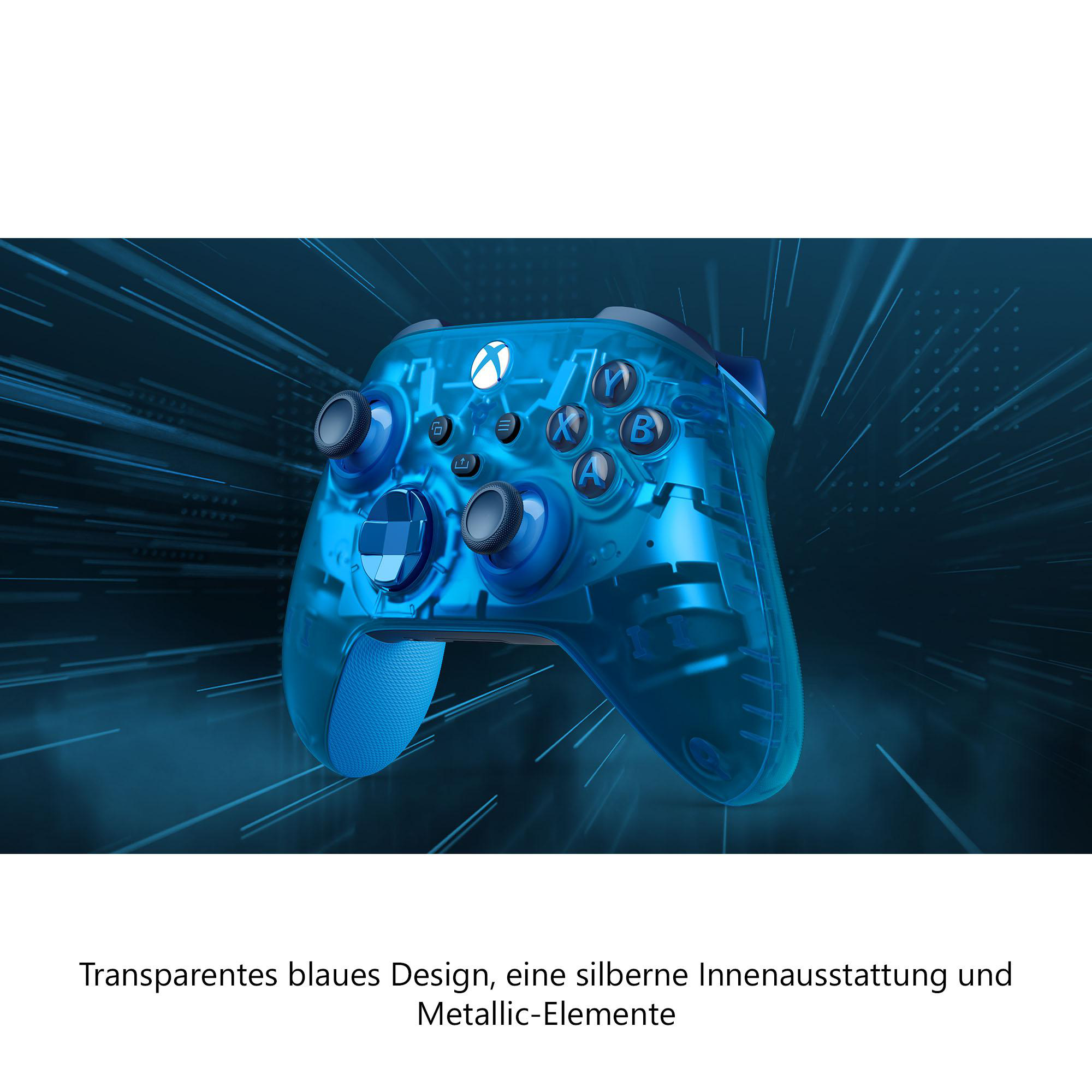 Blauer, transparenter Xbox-Controller. Knöpfe und Design innen sichtbar. Blauer Lichteffekt.