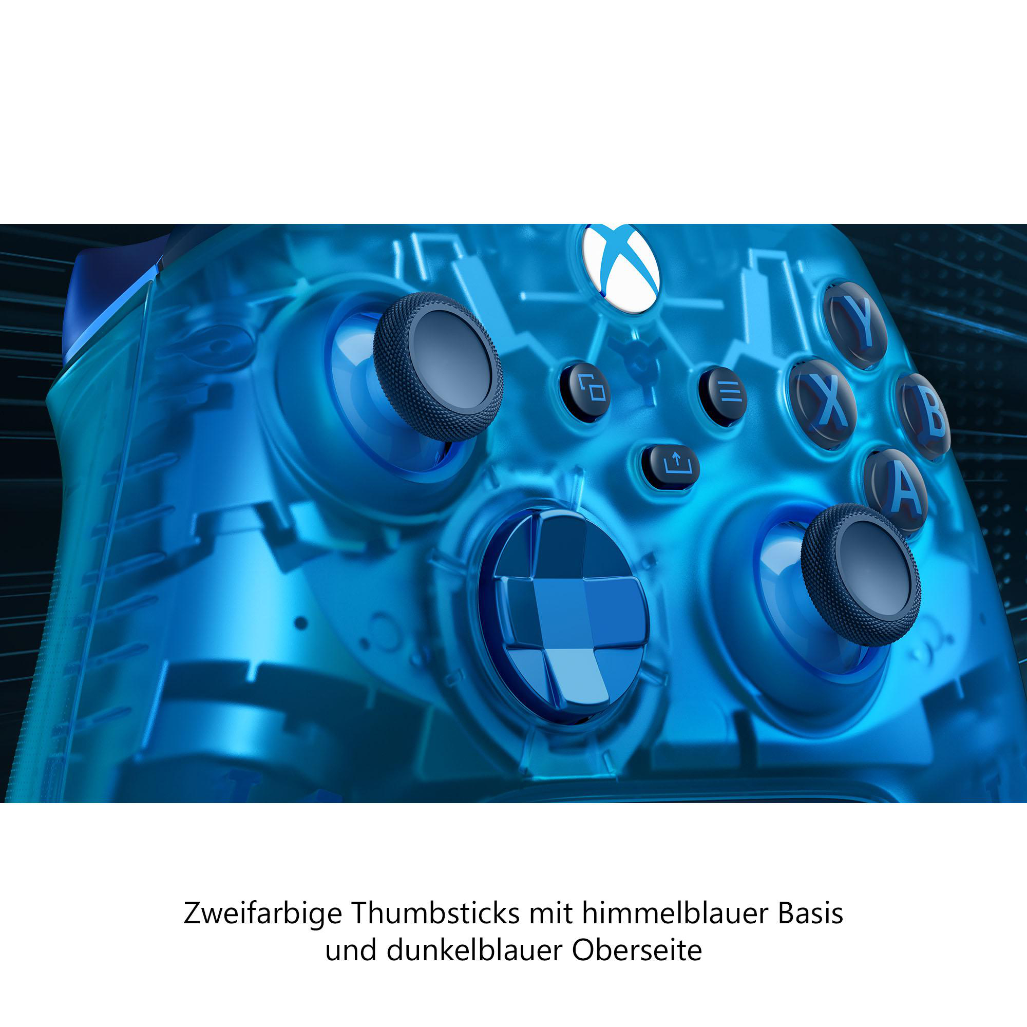 Blauer Gamecontroller mit Knöpfen und Joysticks. Text: 'Zweifarbige Thumbsticks'.