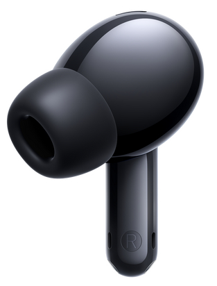 Zbliżenie czarnej słuchawki, pokazujące końcówkę i korpus.