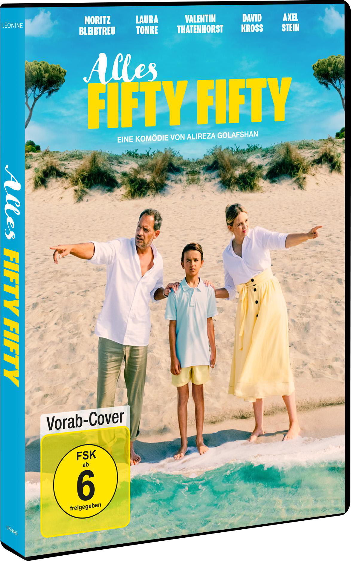 DVD-Hülle eines Films. Eine dreiköpfige Familie am Strand wird gezeigt. Der Titel ist gelb.