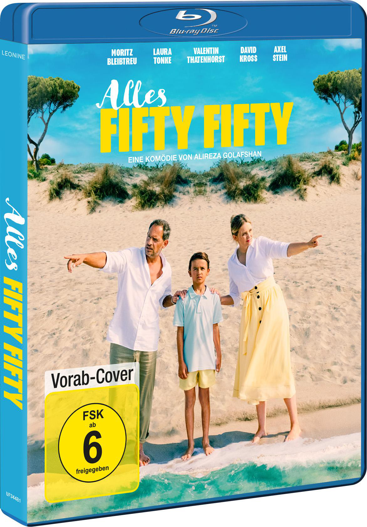 Blu-ray-Box für 'Alles Fifty Fifty' mit drei Personen an einem Strand.